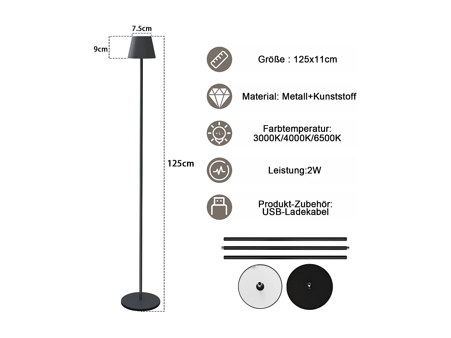 NETTLIFE LED Lampadaire Noir Moderne Dimmable 125cm 3 températures de couleur USB Salon