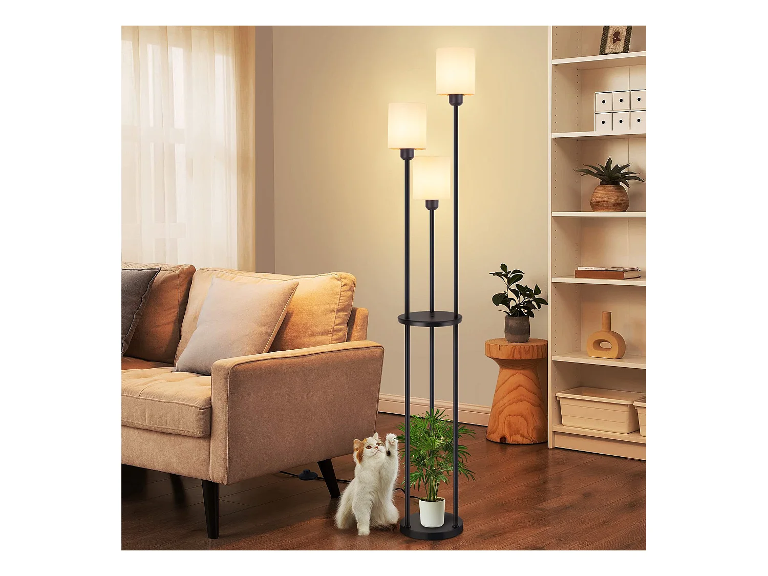 NETTLIFE Lampadaire salon E27 vintage  3 lampes abat-jour tissu interrupteur au pied