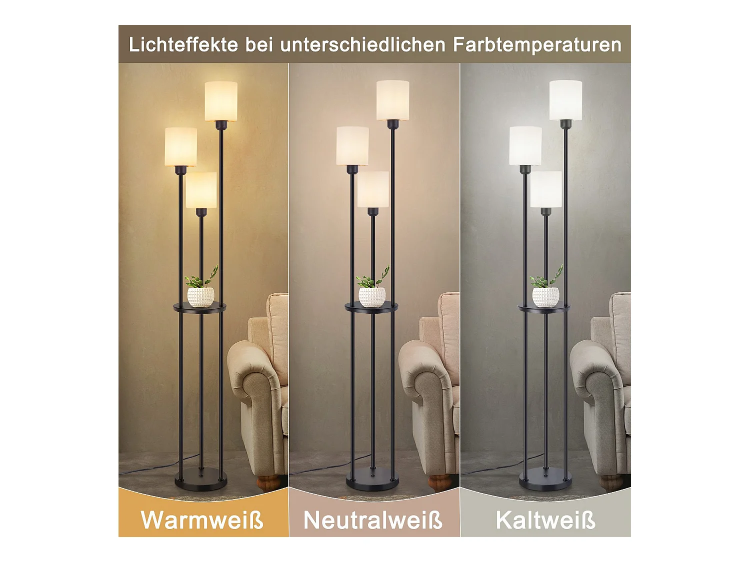 NETTLIFE Lampa podłogowa salon E27 vintage 3 lampy abażur z tkaniny przełącznik nożny