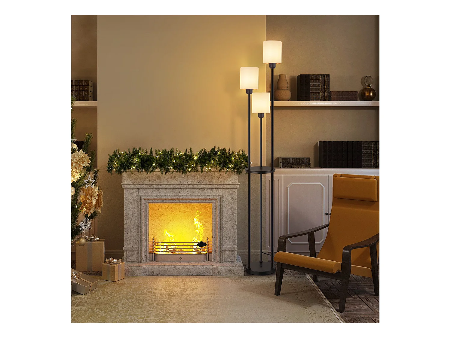 NETTLIFE Lampa podłogowa salon E27 vintage 3 lampy abażur z tkaniny przełącznik nożny