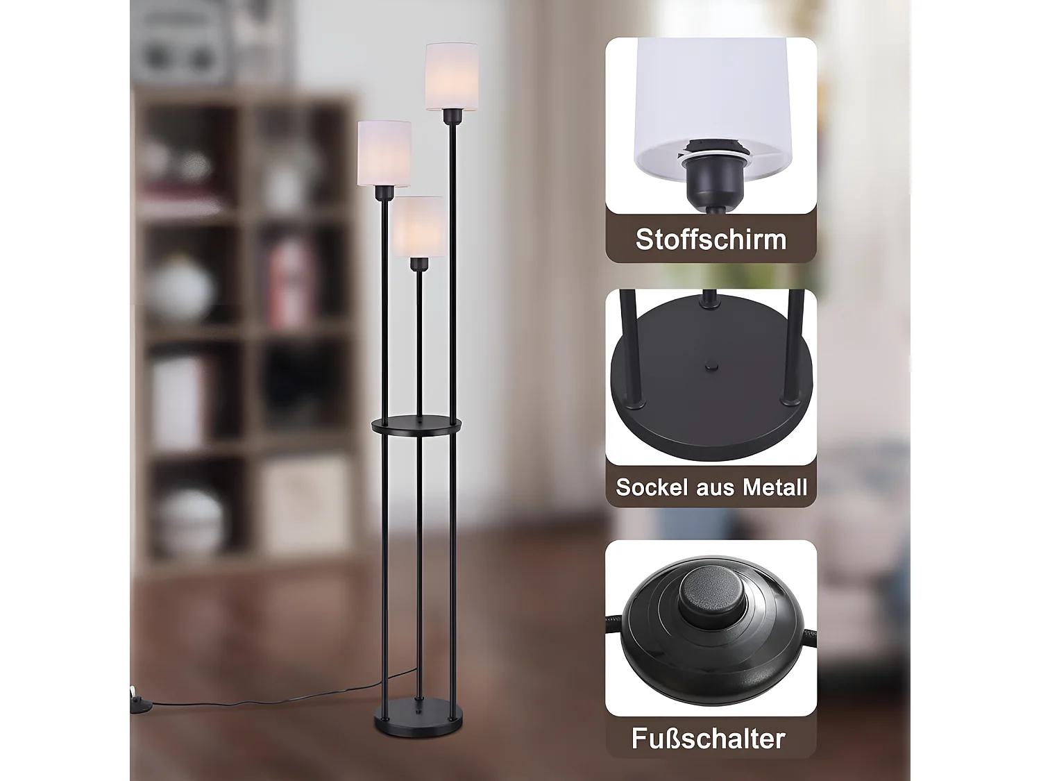 NETTLIFE Lampadaire salon E27 vintage  3 lampes abat-jour tissu interrupteur au pied