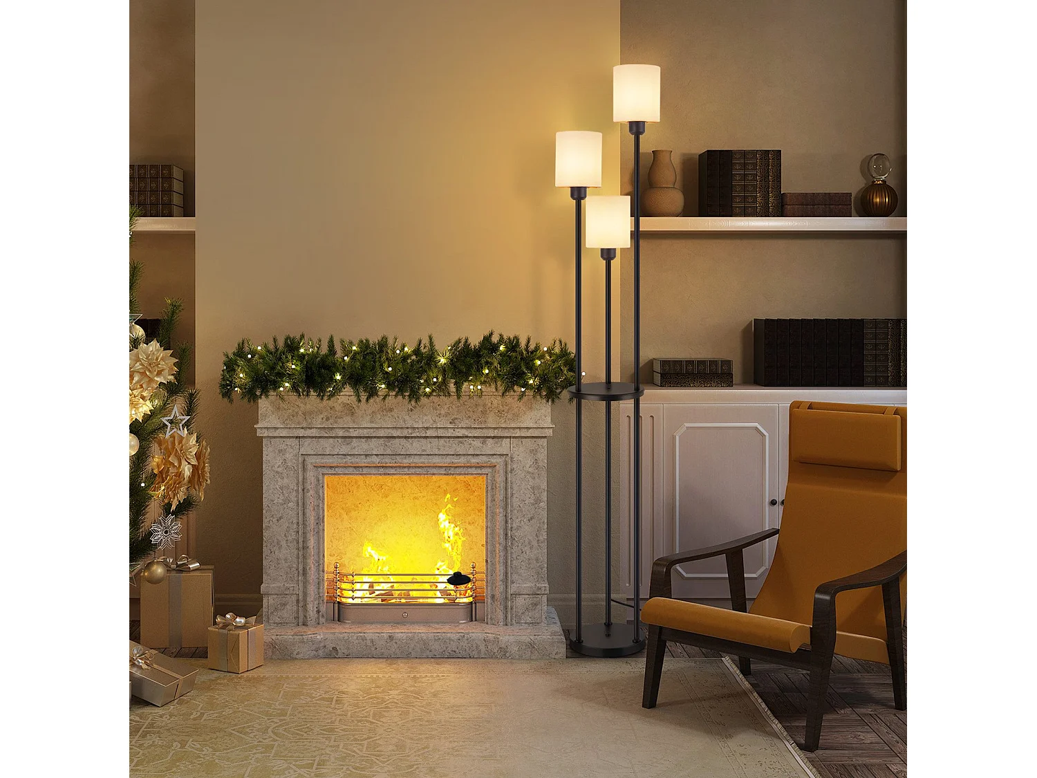 NETTLIFE Lampadaire salon E27 vintage  3 lampes abat-jour tissu interrupteur au pied