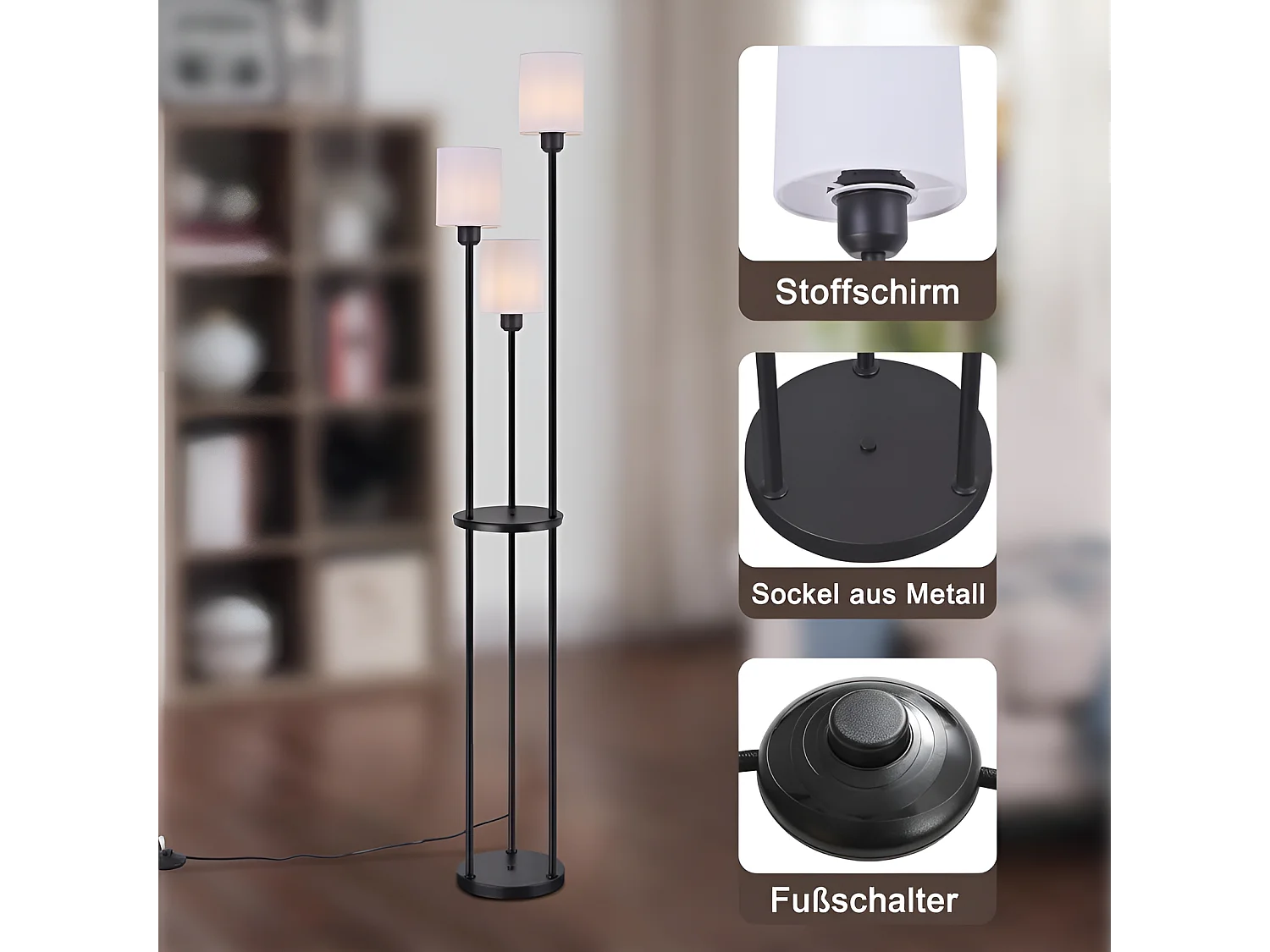 NETTLIFE Staande lamp woonkamer E27 vintage 3 lampen stoffen lampenkap voetschakelaar