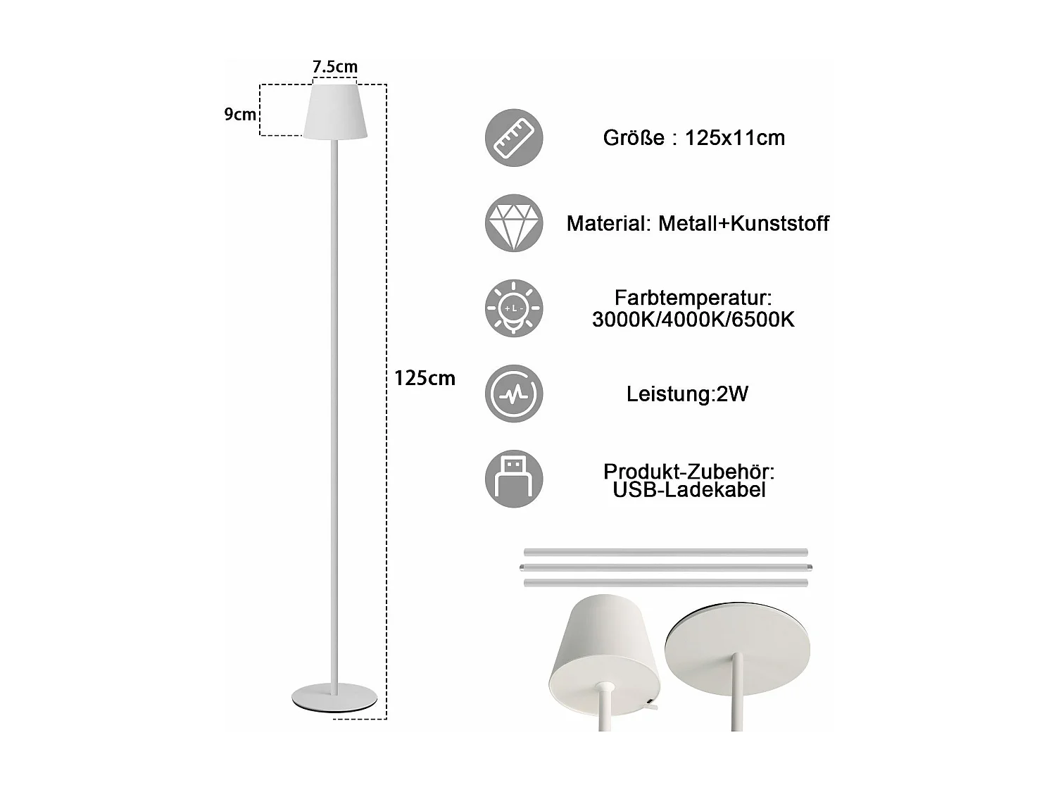NETTLIFE LED Stehleuchte Schwarz Modern Dimmbar 125cm 3 Farbtemperaturen USB Wohnzimmer