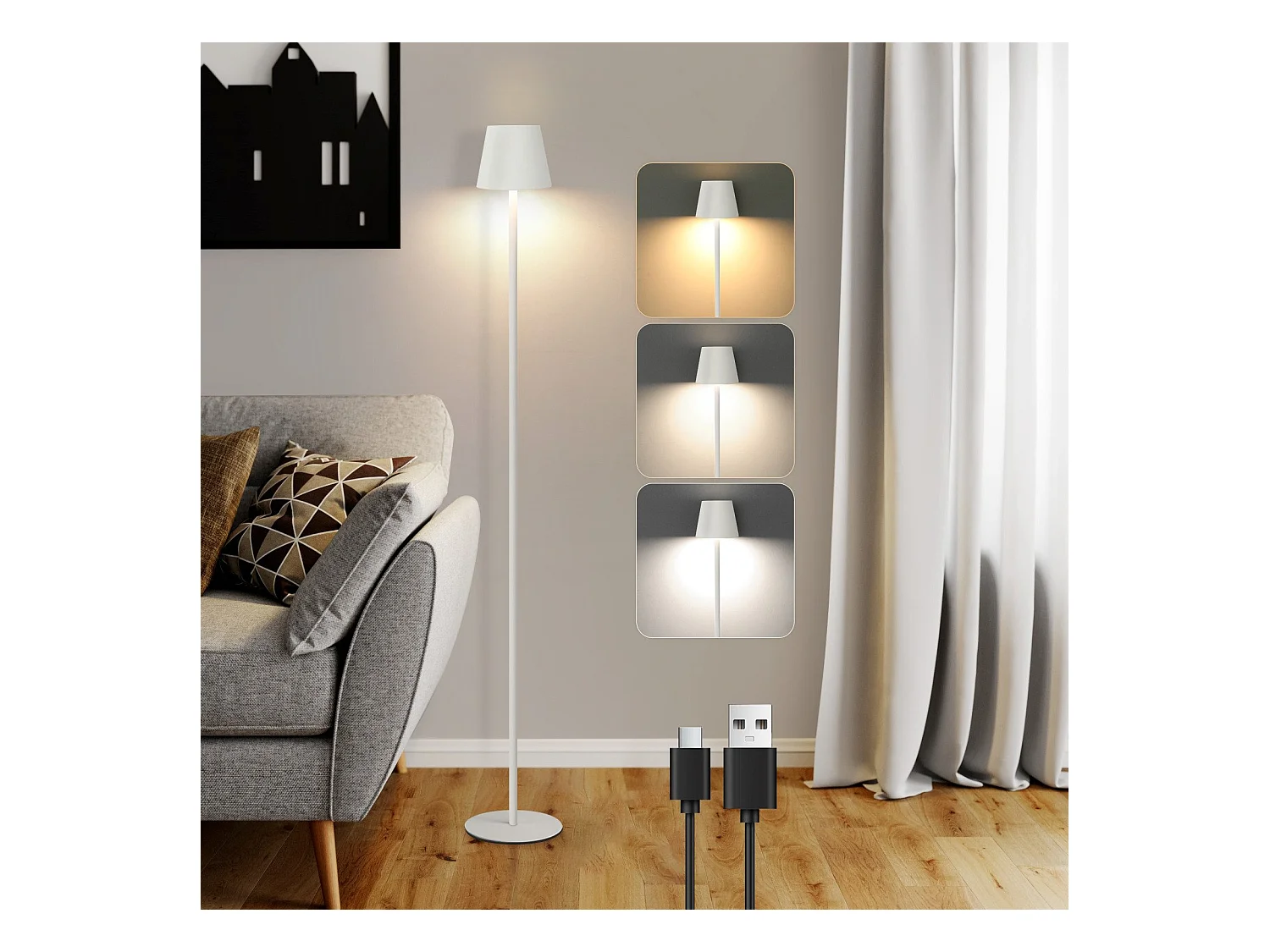 NETTLIFE LED Lampadaire Noir Moderne Dimmable 125cm 3 températures de couleur USB Salon