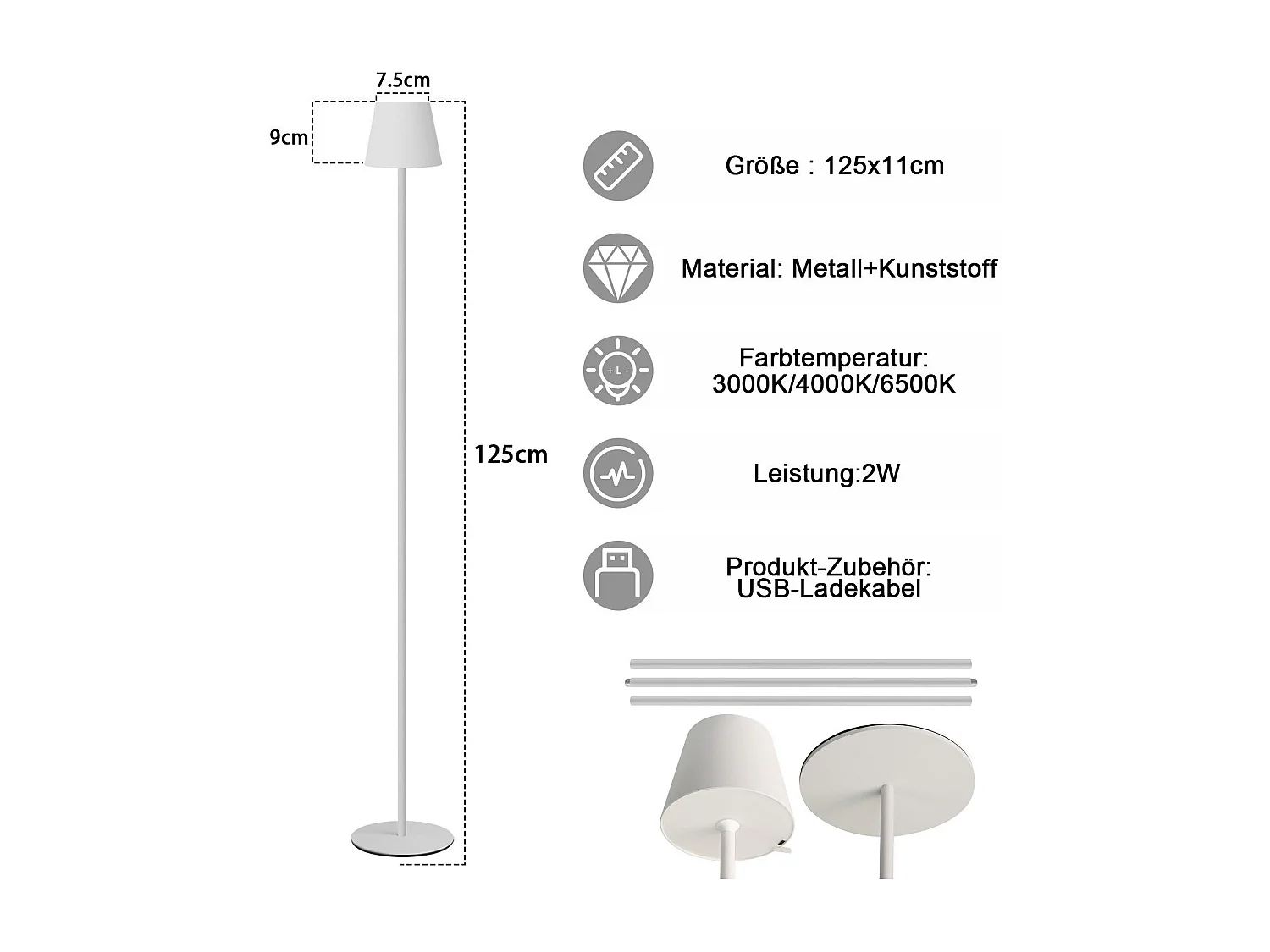 NETTLIFE LED Stehleuchte Schwarz Modern Dimmbar 125cm 3 Farbtemperaturen USB Wohnzimmer