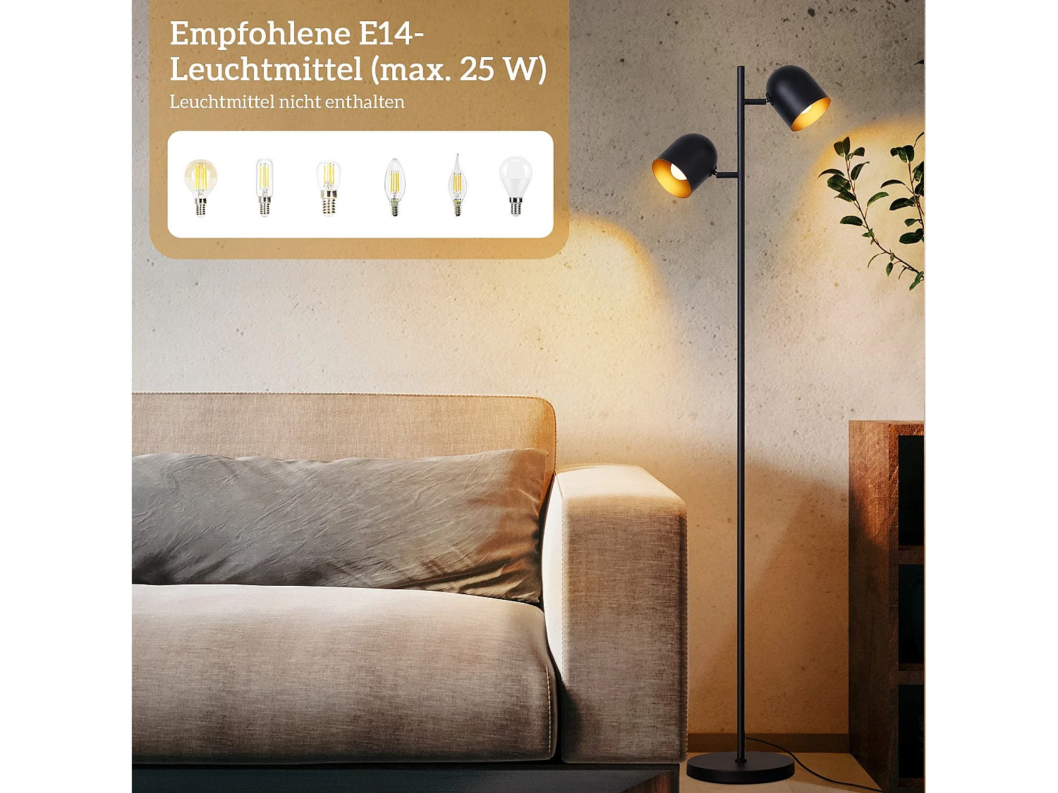 NETTLIFE Vloerlamp 2 Lampen Zwart Goud Metaal E14 Retro Industriële Vloerlamp