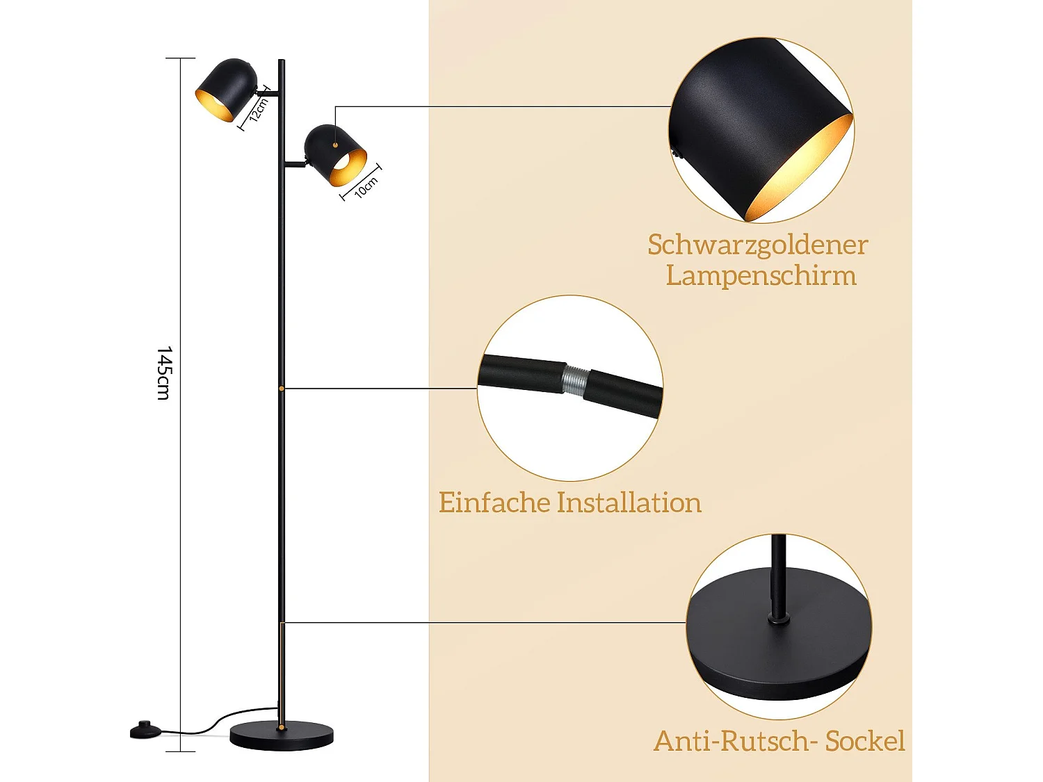 NETTLIFE Vloerlamp 2 Lampen Zwart Goud Metaal E14 Retro Industriële Vloerlamp