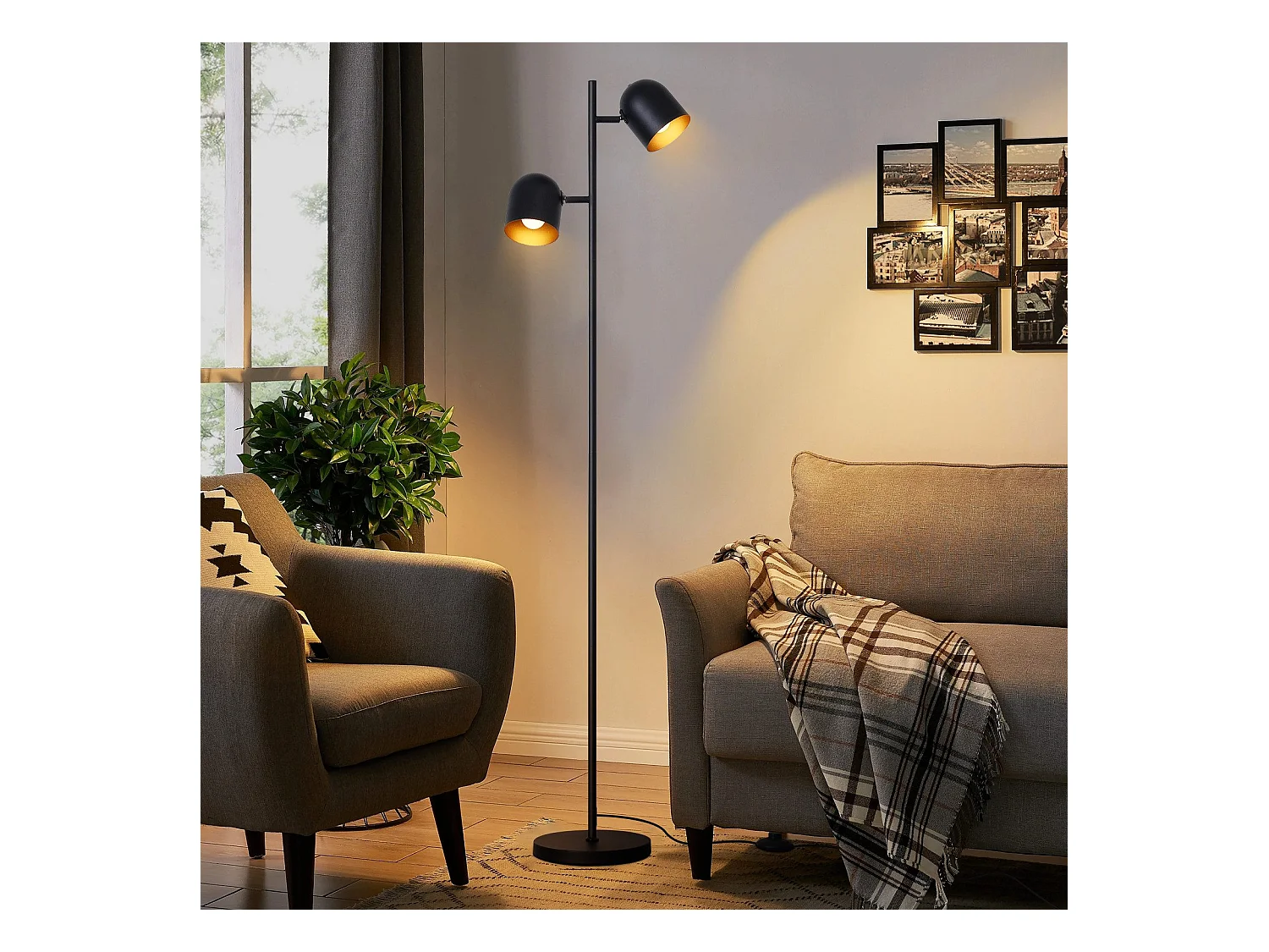 NETTLIFE Lampadaire 2 Ampoules Noir Doré Métal E14 Rétro Industriel Lampadaire