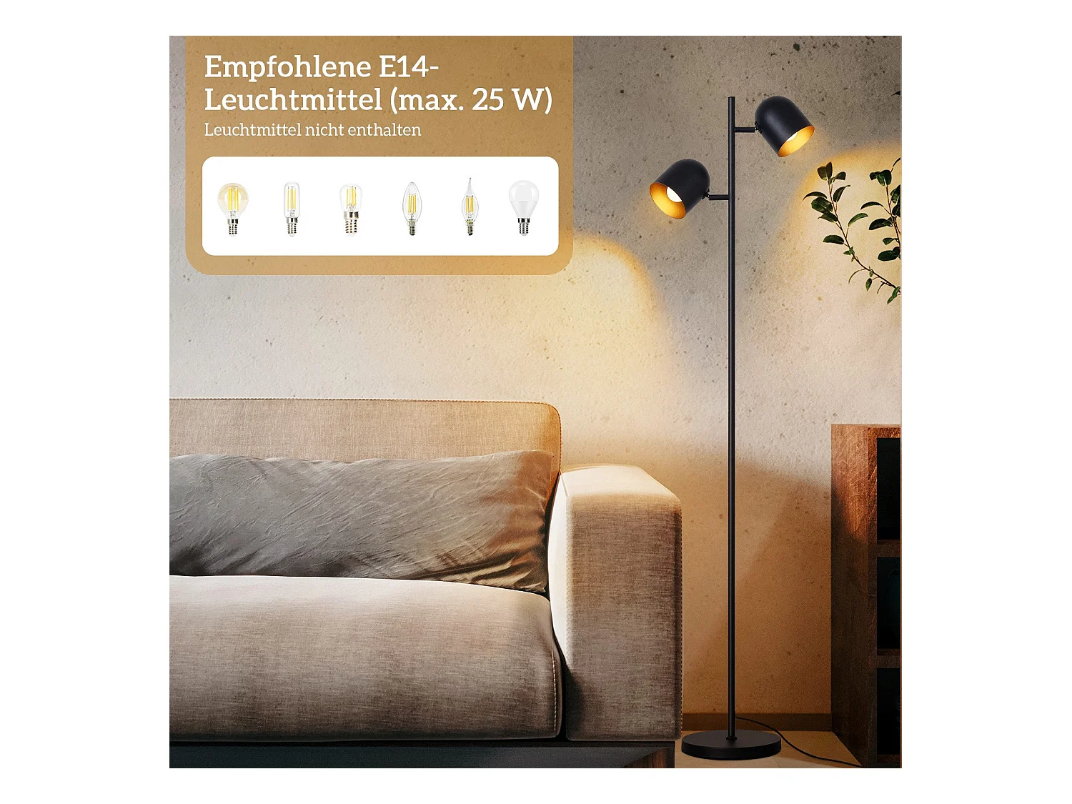NETTLIFE Lampadaire 2 Ampoules Noir Doré Métal E14 Rétro Industriel Lampadaire