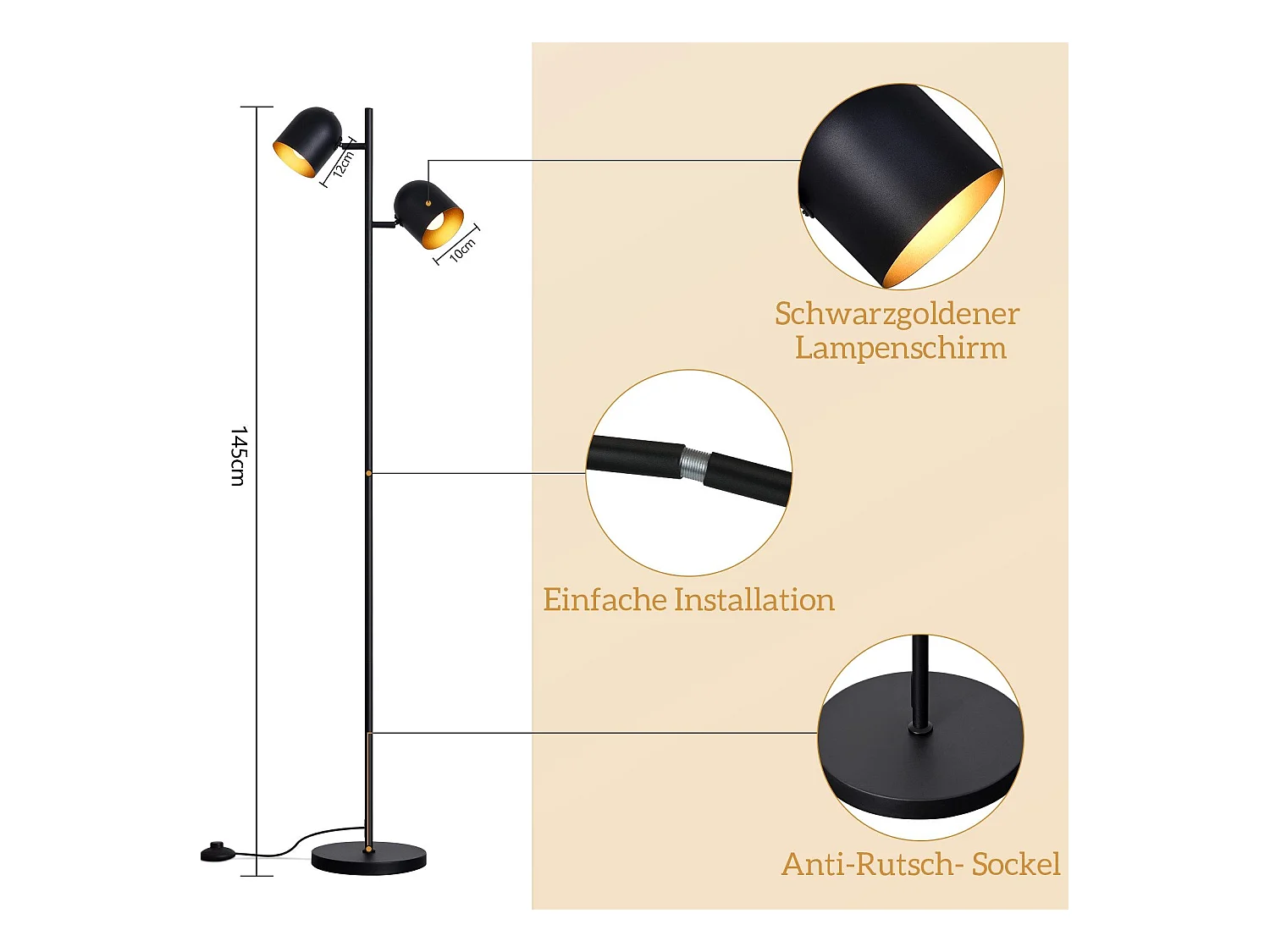 NETTLIFE Lampadaire 2 Ampoules Noir Doré Métal E14 Rétro Industriel Lampadaire