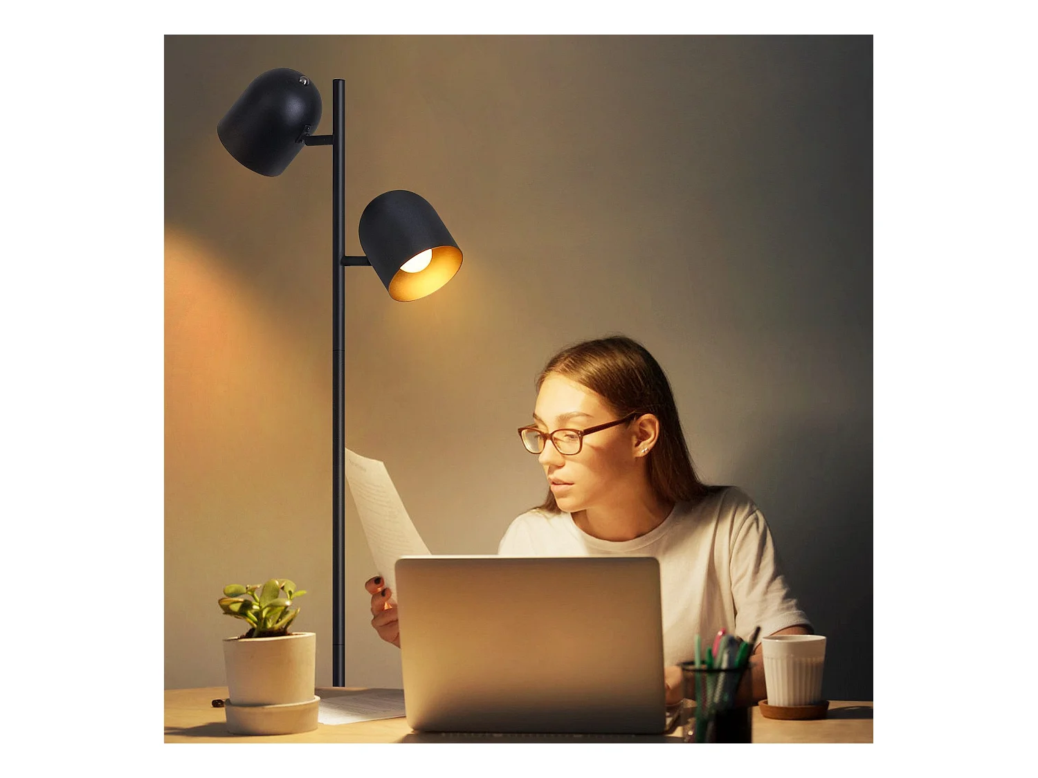 NETTLIFE Lampadaire 2 Ampoules Noir Doré Métal E14 Rétro Industriel Lampadaire