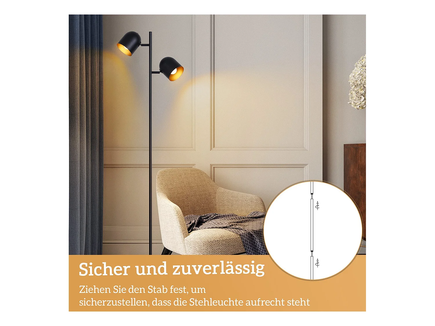 NETTLIFE Lampadaire 2 Ampoules Noir Doré Métal E14 Rétro Industriel Lampadaire