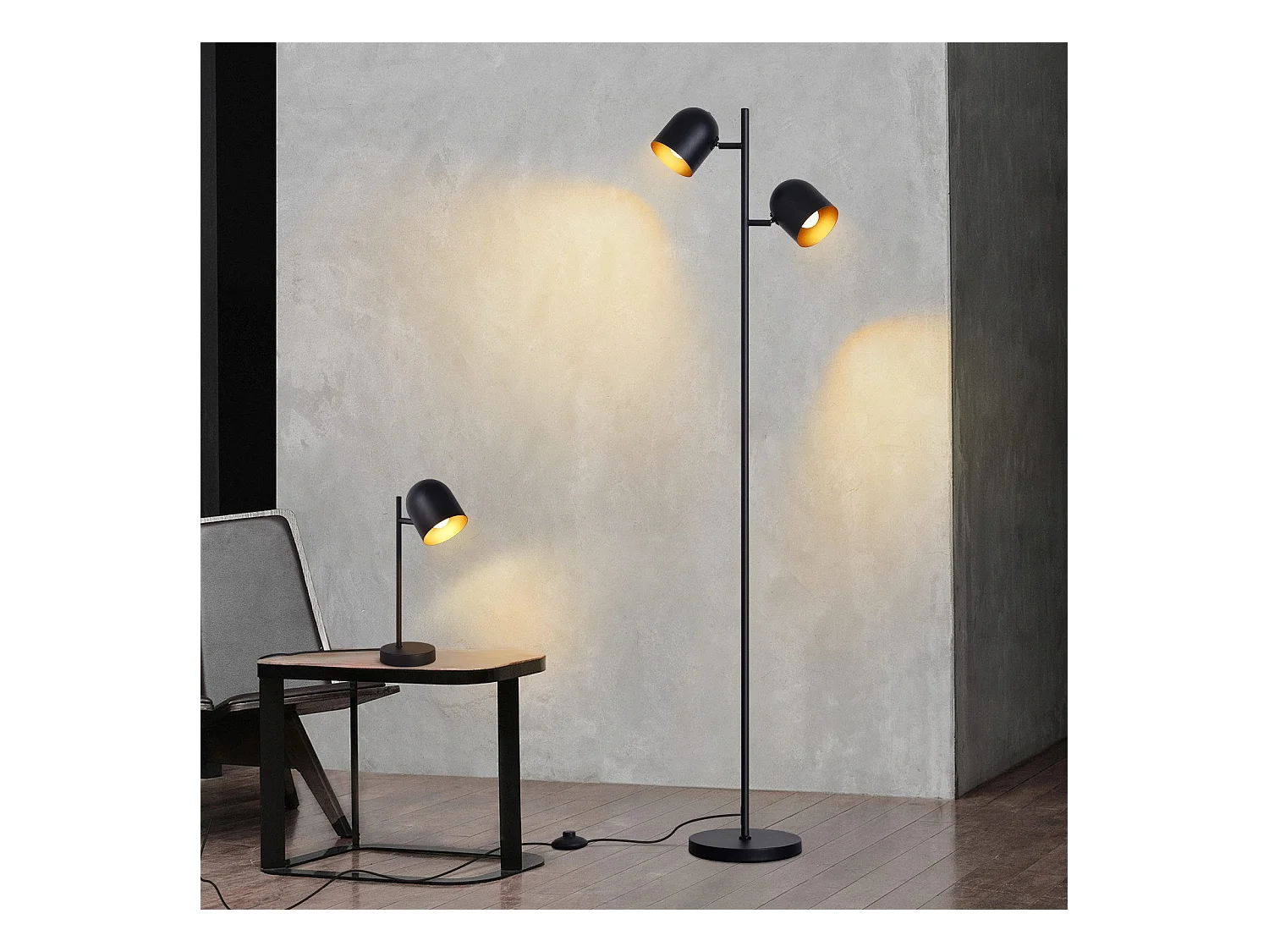 NETTLIFE Lampadaire 2 Ampoules Noir Doré Métal E14 Rétro Industriel Lampadaire