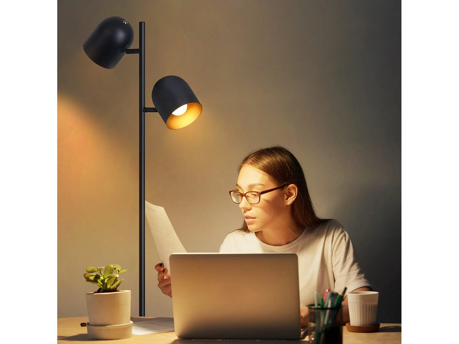 NETTLIFE Lampadaire 2 Ampoules Noir Doré Métal E14 Rétro Industriel Lampadaire