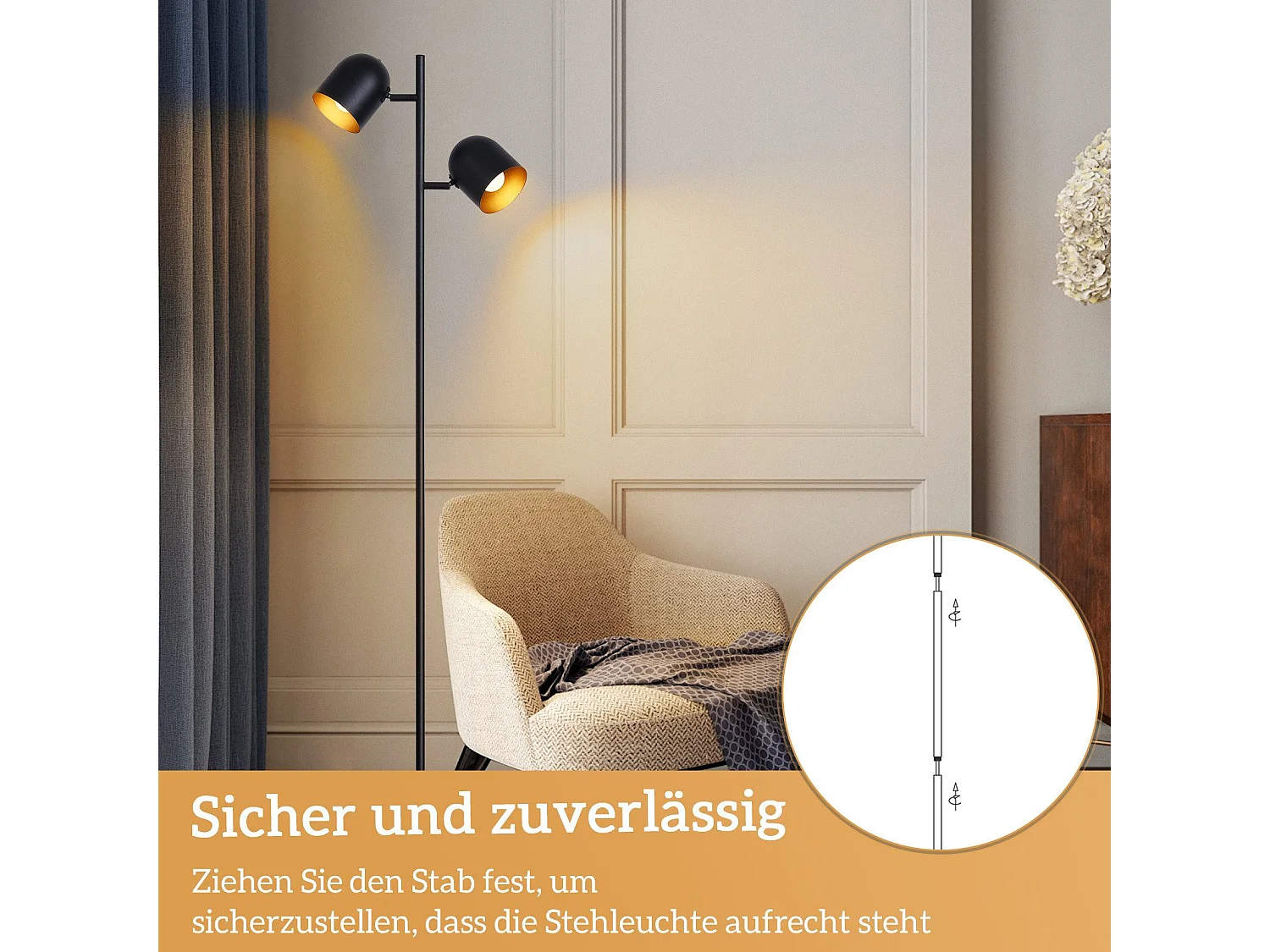 NETTLIFE Lampadaire 2 Ampoules Noir Doré Métal E14 Rétro Industriel Lampadaire