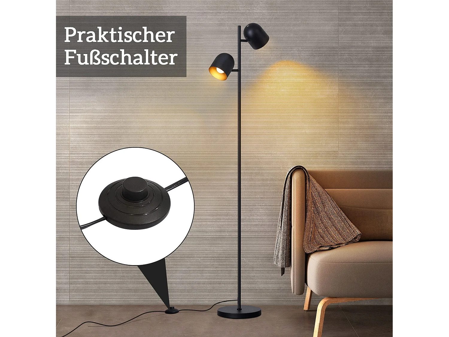 NETTLIFE Lampadaire 2 Ampoules Noir Doré Métal E14 Rétro Industriel Lampadaire