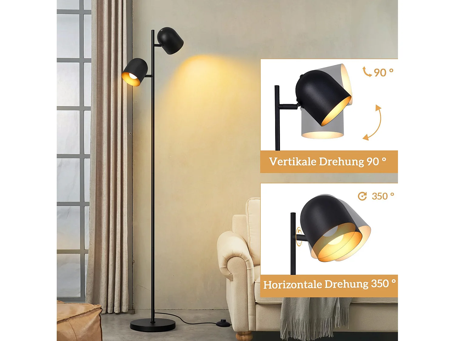 NETTLIFE Lampadaire 2 Ampoules Noir Doré Métal E14 Rétro Industriel Lampadaire