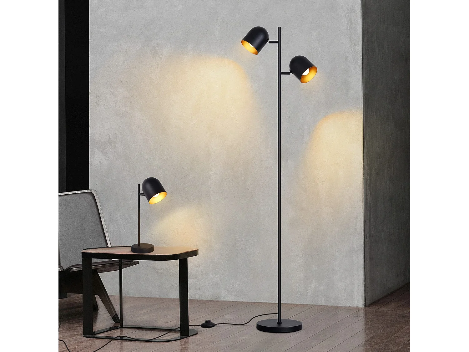 NETTLIFE Lampadaire 2 Ampoules Noir Doré Métal E14 Rétro Industriel Lampadaire