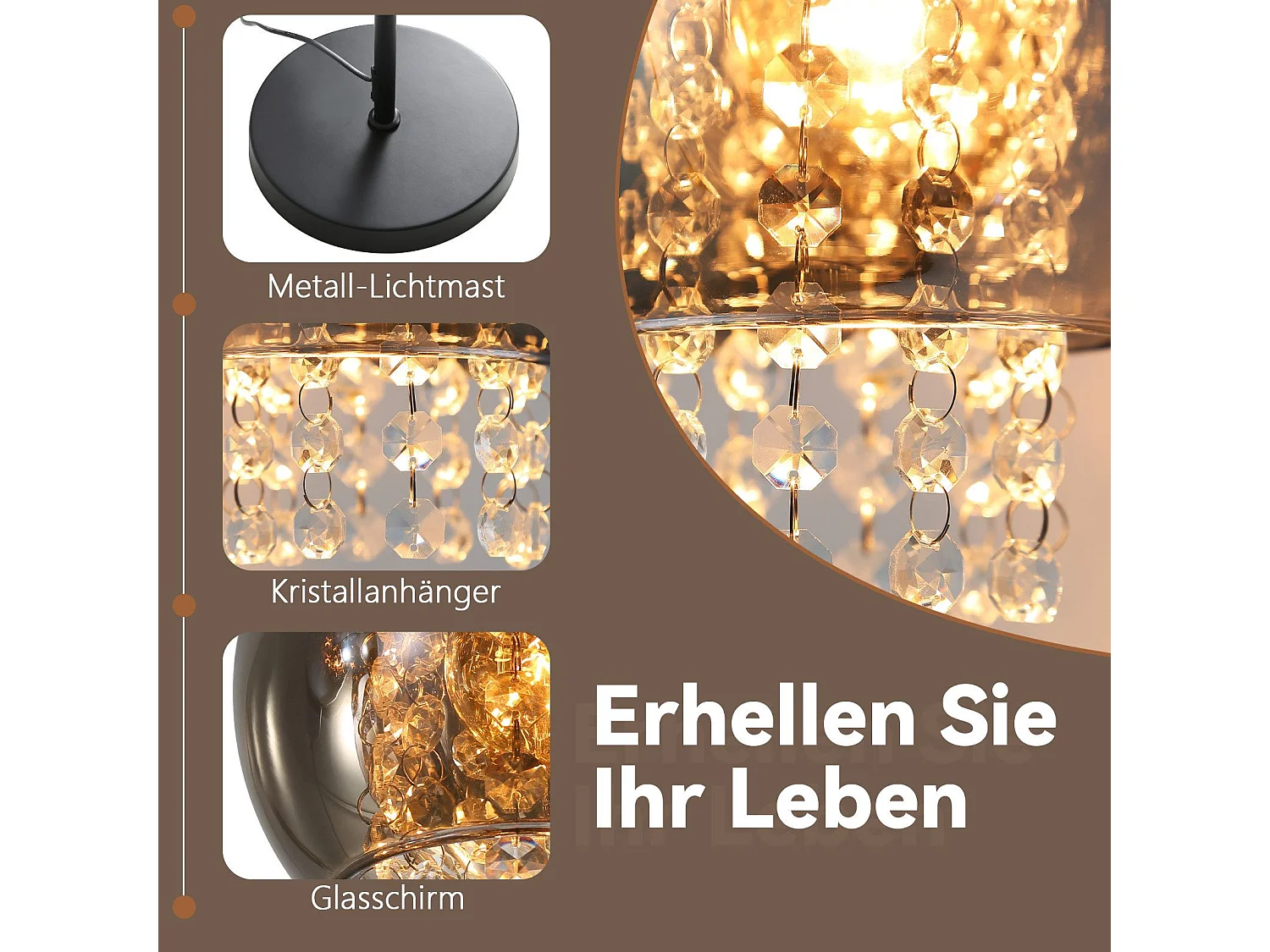 Innen Stehleuchte 1 flammig E27 Rauchgrau Große Kristall Stehlampe für Büro Sofa