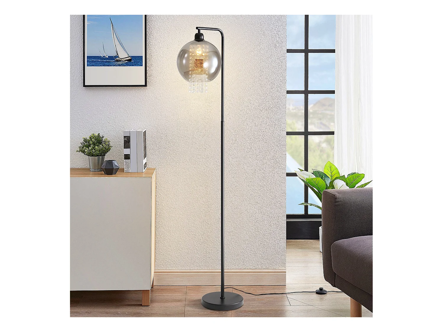 Lampadaire Intérieur 1 Flamme E27 Gris Fumé Lampadaire Grand Cristal Pour Bureau Canapé
