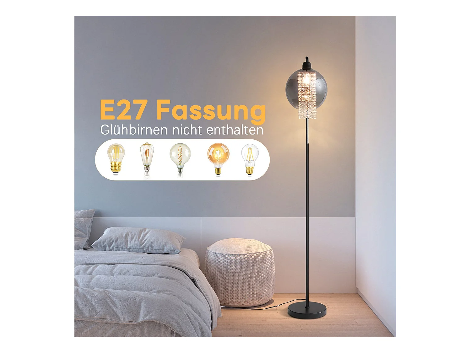 Binnen vloerlamp 1 vlam E27 rookgrijs grote kristallen vloerlamp voor kantoorbank