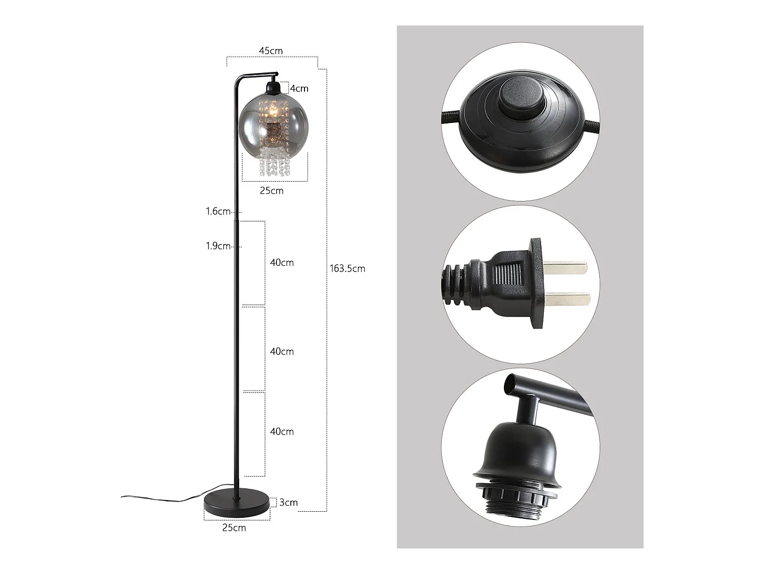 Binnen vloerlamp 1 vlam E27 rookgrijs grote kristallen vloerlamp voor kantoorbank