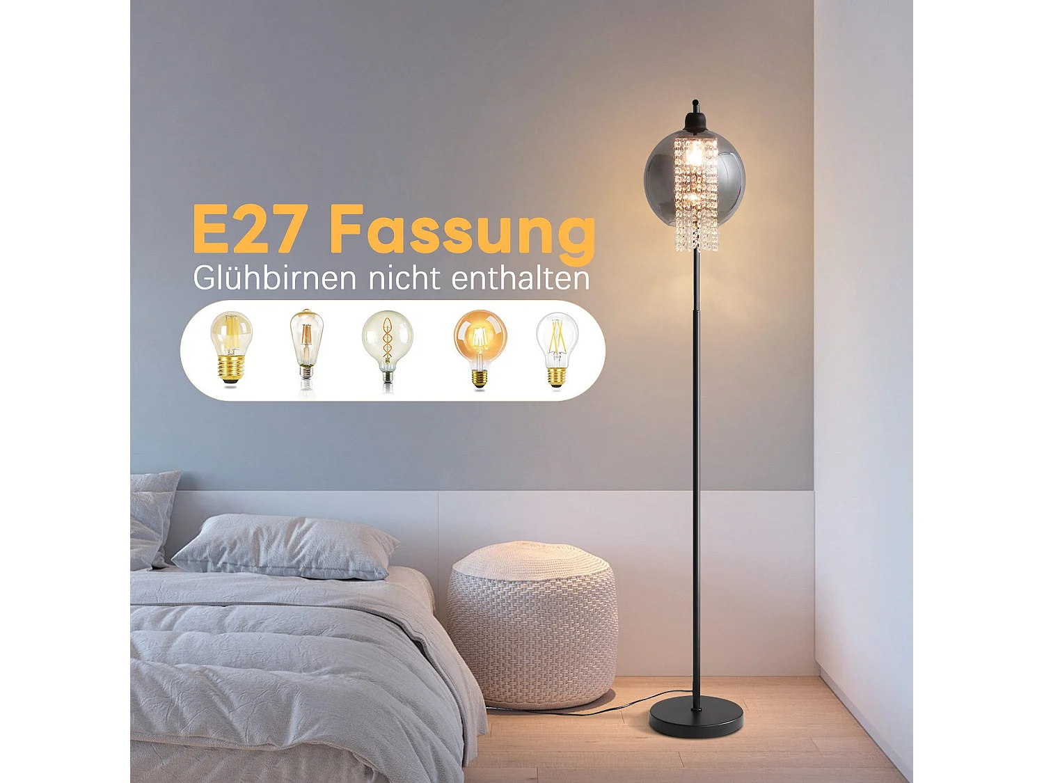 Lampa podłogowa do wnętrz 1 płomień E27 dym szary duża kryształowa lampa podłogowa do biura sofa