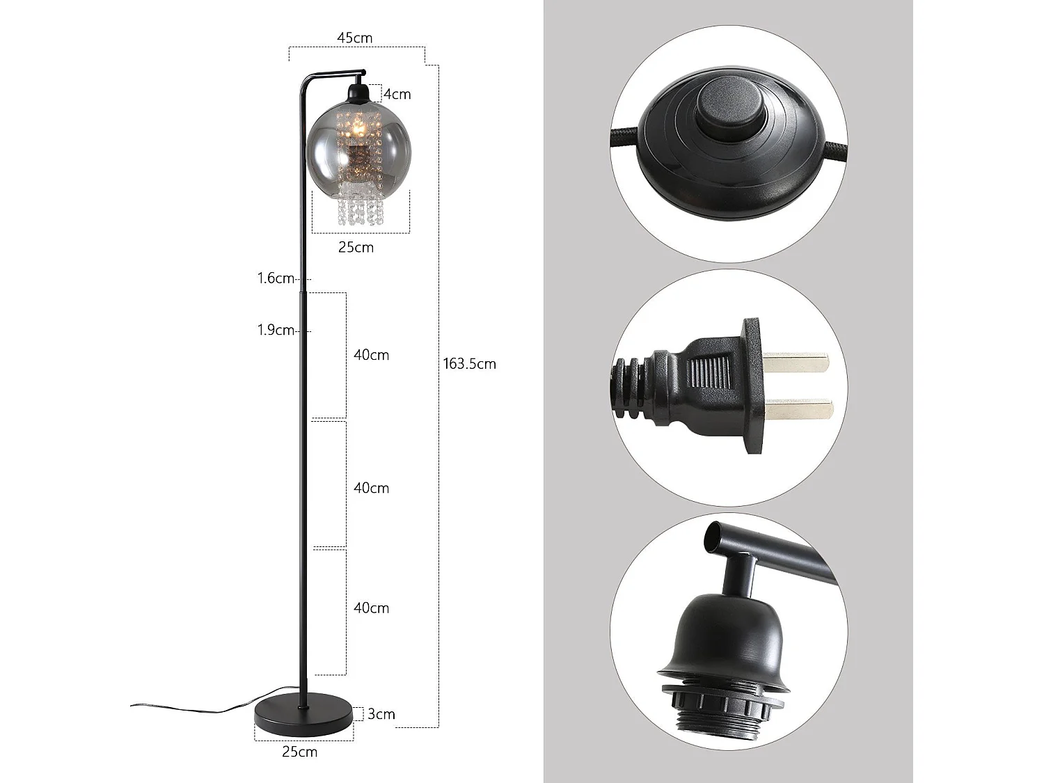 Lampadaire Intérieur 1 Flamme E27 Gris Fumé Lampadaire Grand Cristal Pour Bureau Canapé