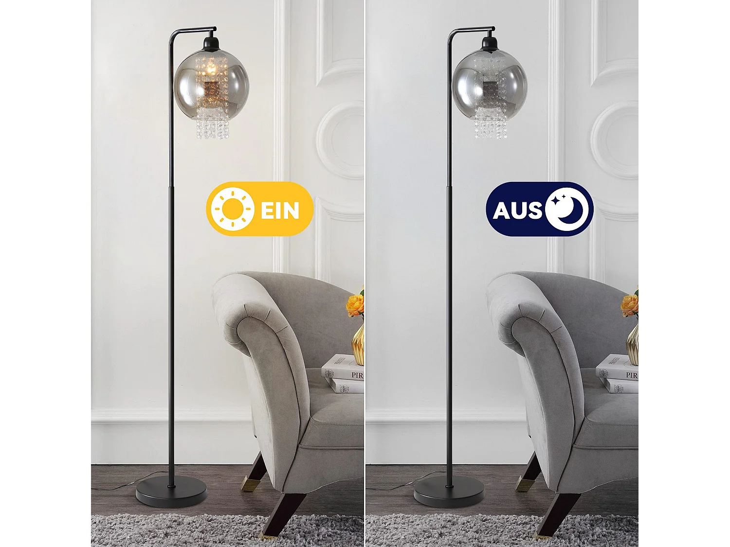 Lampadaire Intérieur 1 Flamme E27 Gris Fumé Lampadaire Grand Cristal Pour Bureau Canapé