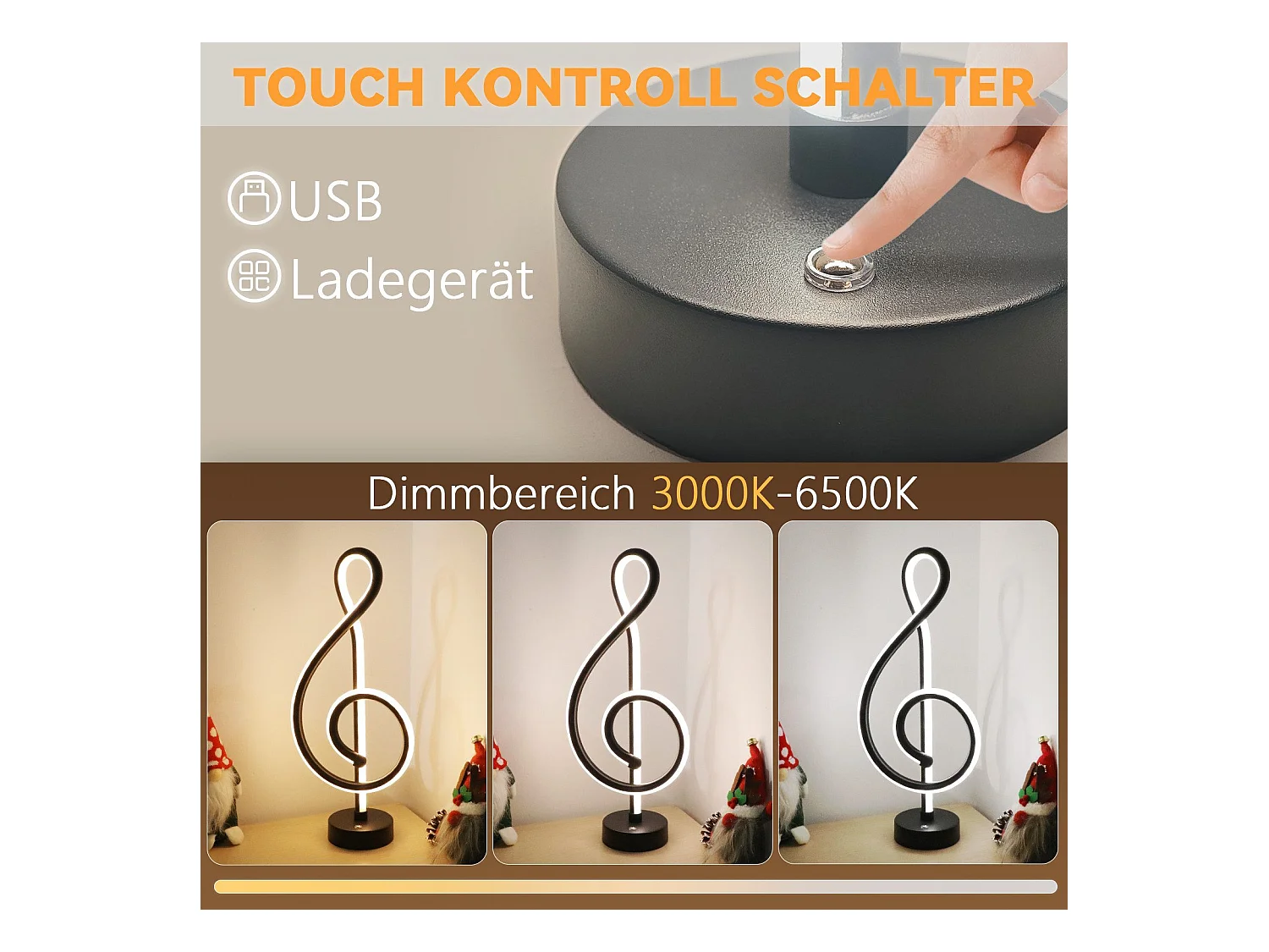 NETTLIFE Lampe de table LED sans fil tactile dimmable batterie noire avec USB rechargeable tactile dimmable