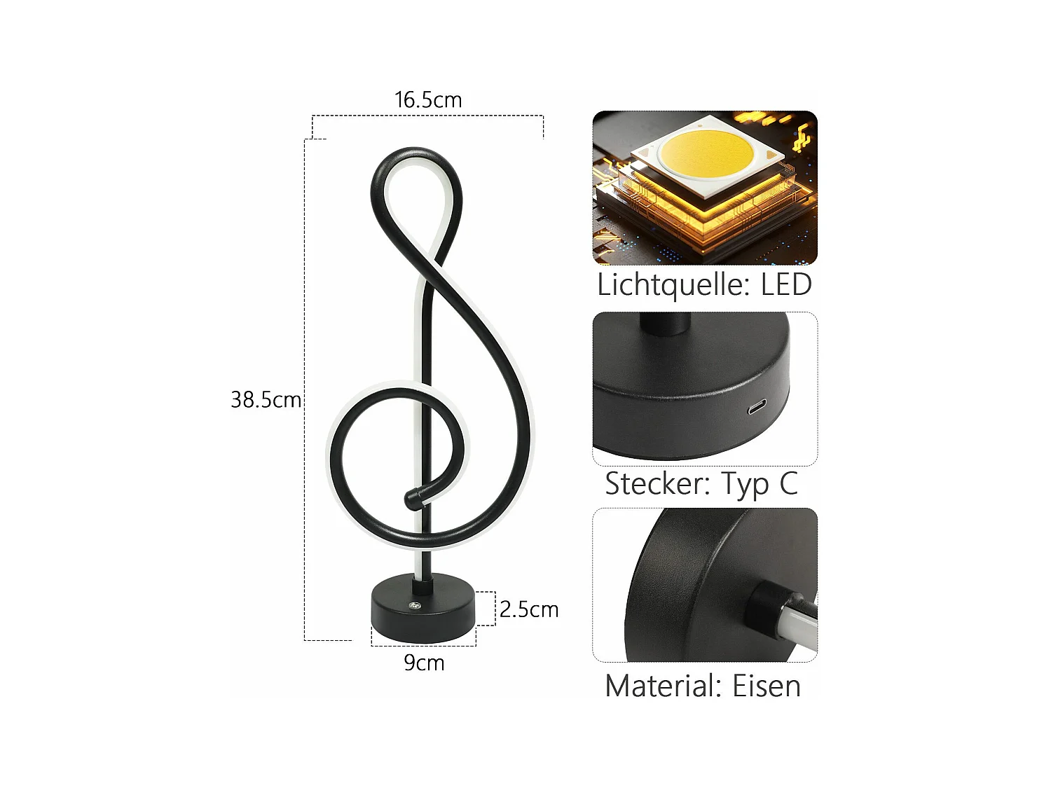 NETTLIFE Lampe de table LED sans fil tactile dimmable batterie noire avec USB rechargeable tactile dimmable