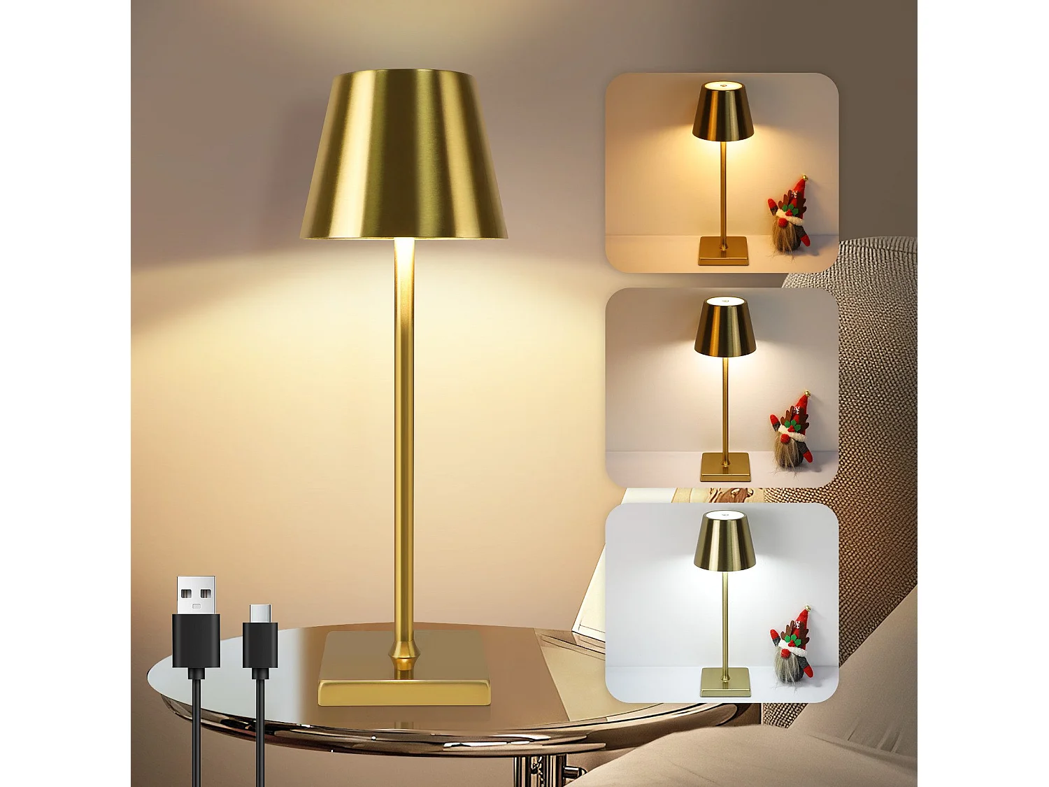 NETTLIFE Vintage Gold LED Lampa stołowa Bezprzewodowa dotykowa ściemnialna Lampka nocna 3 temperatury barwowe