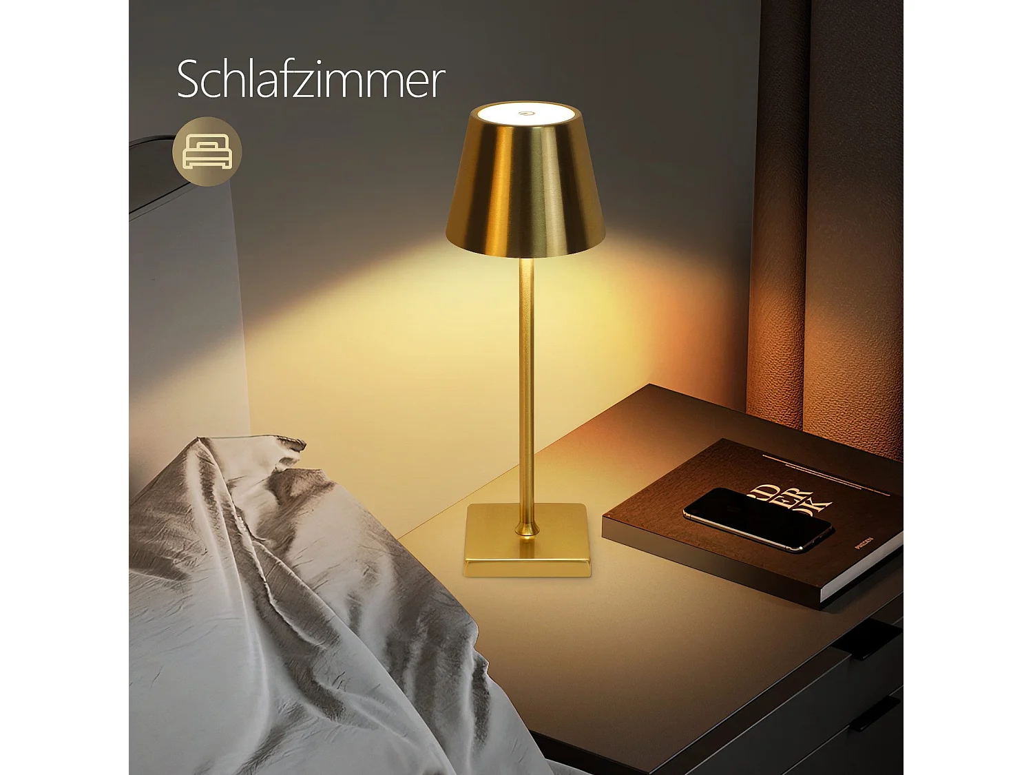 NETTLIFE Vintage Gold LED Lampa stołowa Bezprzewodowa dotykowa ściemnialna Lampka nocna 3 temperatury barwowe