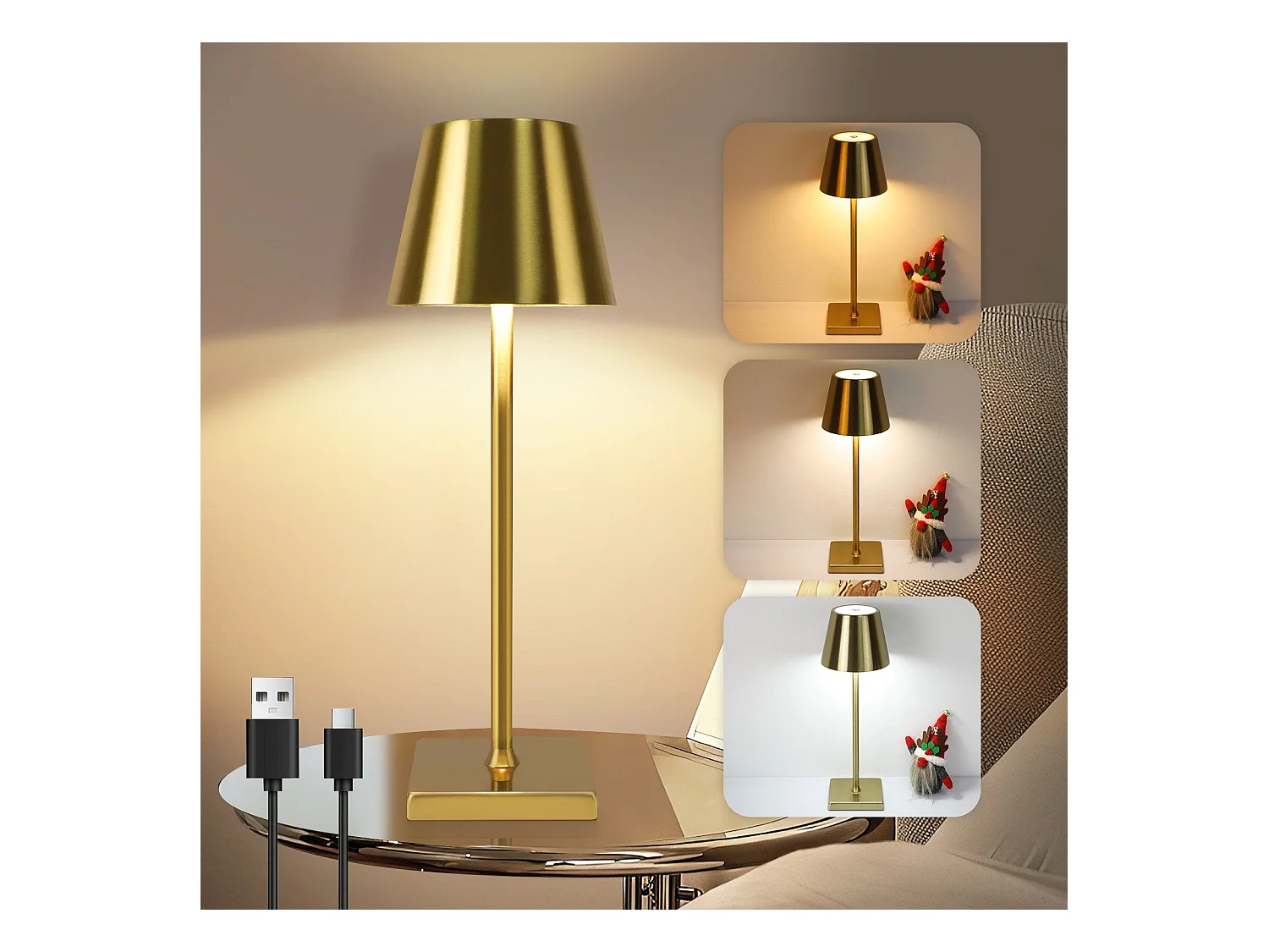 NETTLIFE Lampe de table LED vintage dorée sans fil tactile à intensité variable, lampe de chevet à 3 températures de couleur