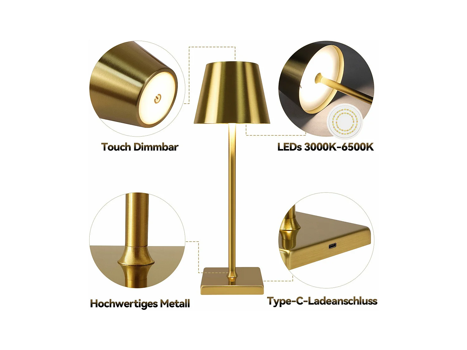 NETTLIFE Vintage Gold LED Tafellamp Draadloze Touch Dimbare Bedlamp 3 Kleurtemperaturen