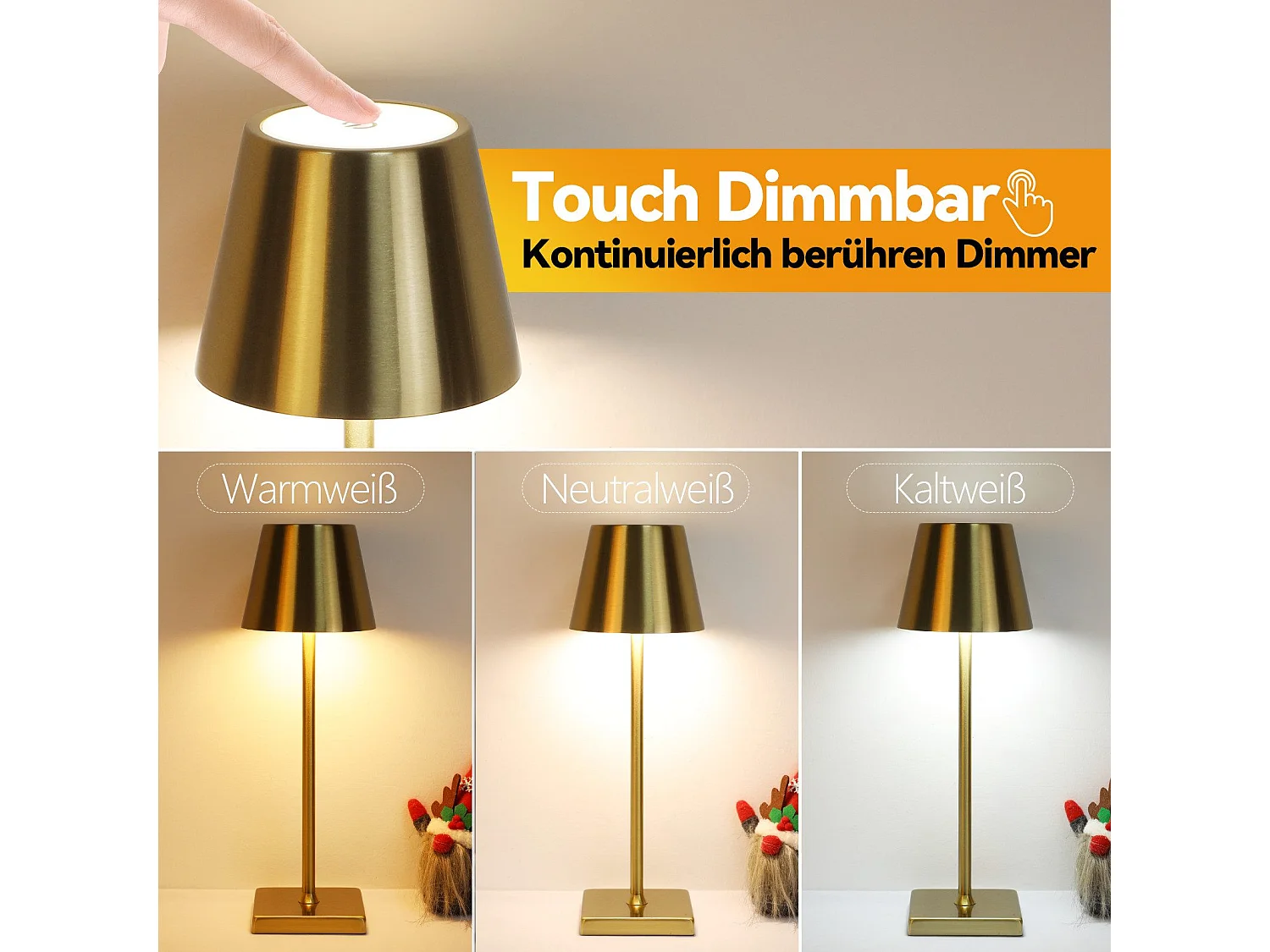 NETTLIFE Lampe de table LED vintage dorée sans fil tactile à intensité variable, lampe de chevet à 3 températures de couleur