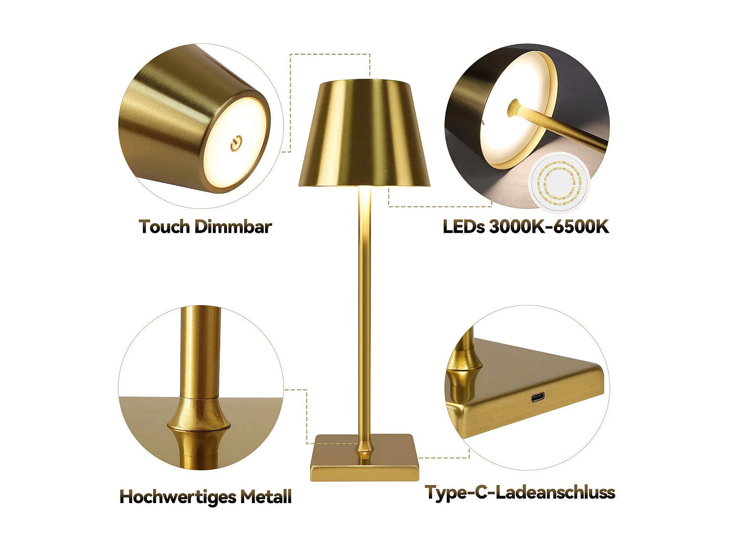 NETTLIFE Lampe de table LED vintage dorée sans fil tactile à intensité variable, lampe de chevet à 3 températures de couleur