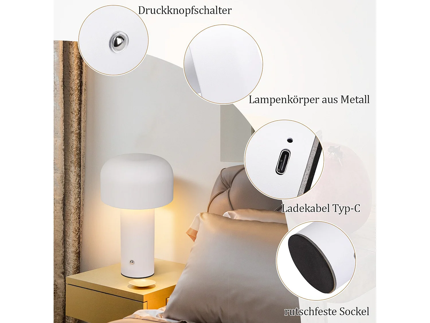 NETTLIFE Lampe de table LED sans fil à piles à intensité variable 2 W Lampe de chevet pour chambre à coucher Petite lampe champignon