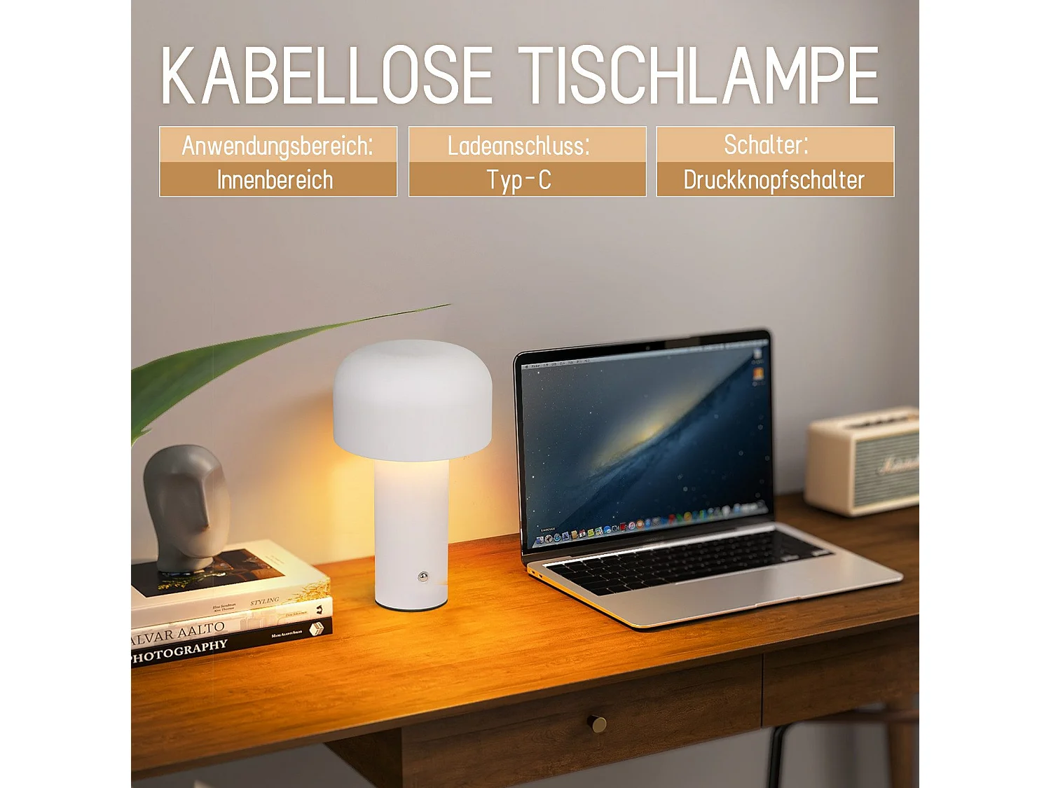 NETTLIFE Lampe de table LED sans fil à piles à intensité variable 2 W Lampe de chevet pour chambre à coucher Petite lampe champignon