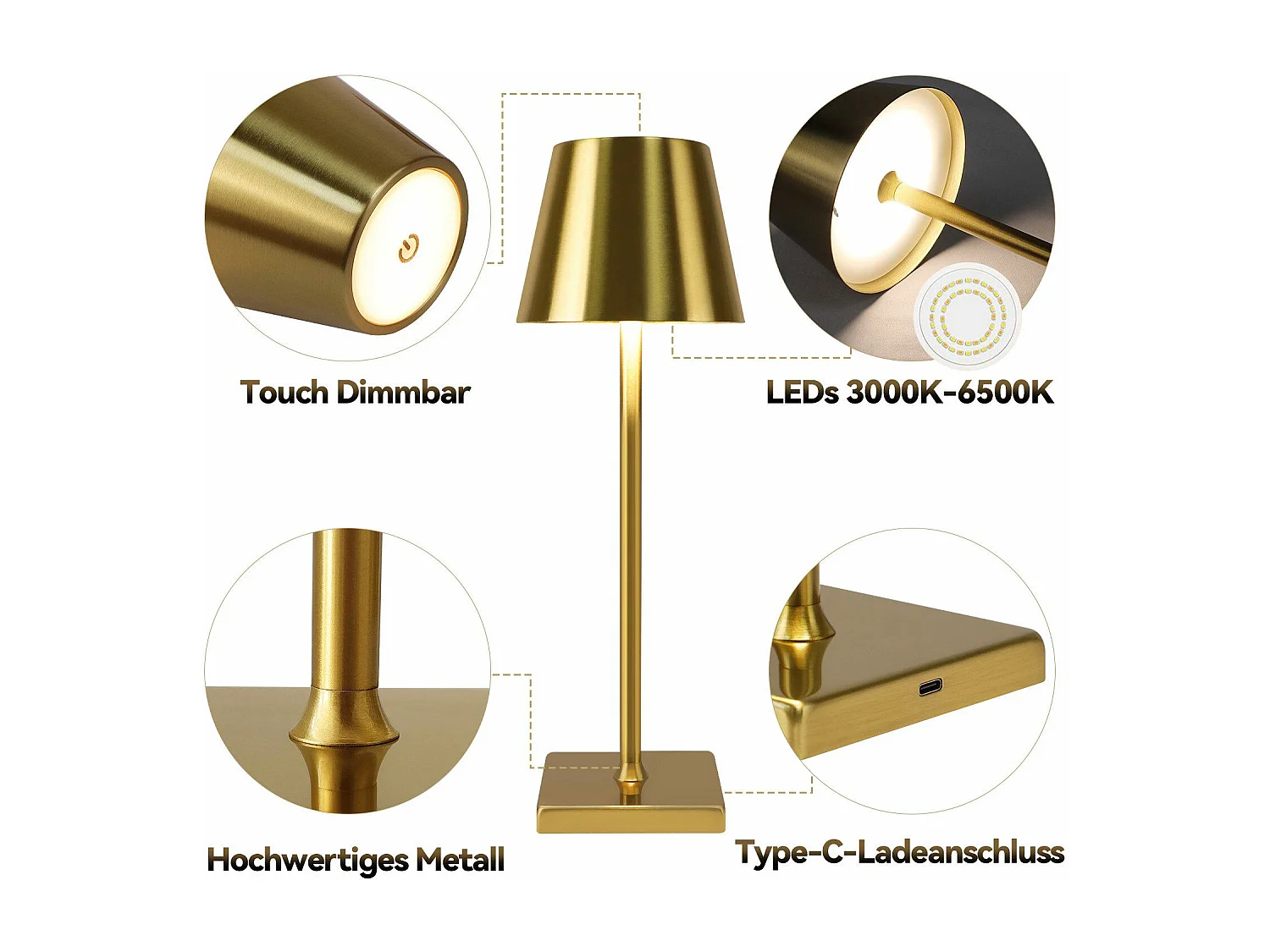 NETTLIFE Vintage Gold LED Lampa stołowa Bezprzewodowa dotykowa ściemnialna Lampka nocna 3 temperatury barwowe