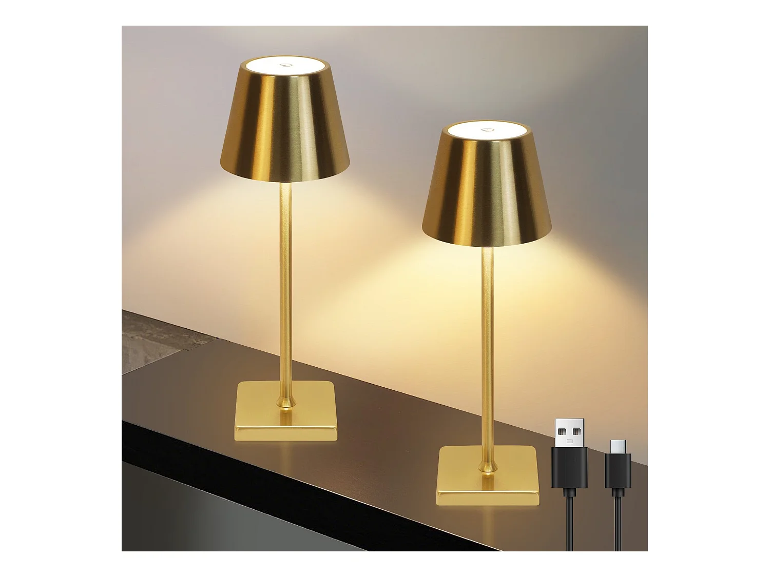 NETTLIFE Lampe de table LED vintage dorée sans fil tactile à intensité variable, lampe de chevet à 3 températures de couleur