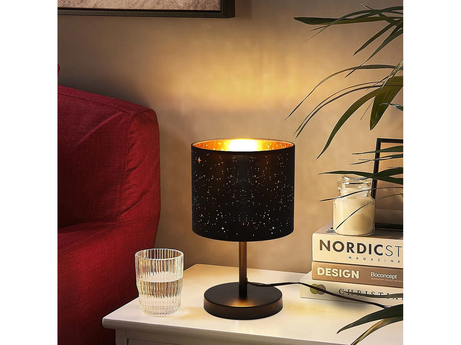 NETTLIFE Vintage Nachttischlampe E27 Sternenhimmel Stoff Lampenschirm Weihnachtsgeschenke mit Kippschalter