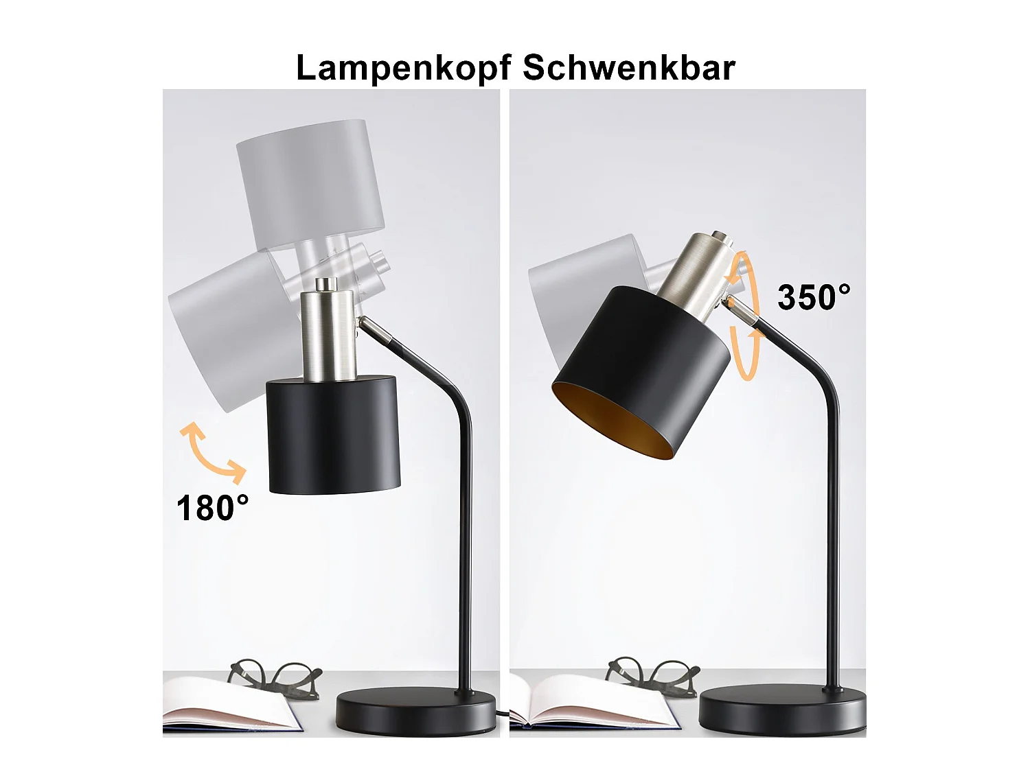 NETTLIFE Vintage Nachttischlampe E27 Kabel Schwarz Gold Schreibtischlampe Schwenkbar Leselampe