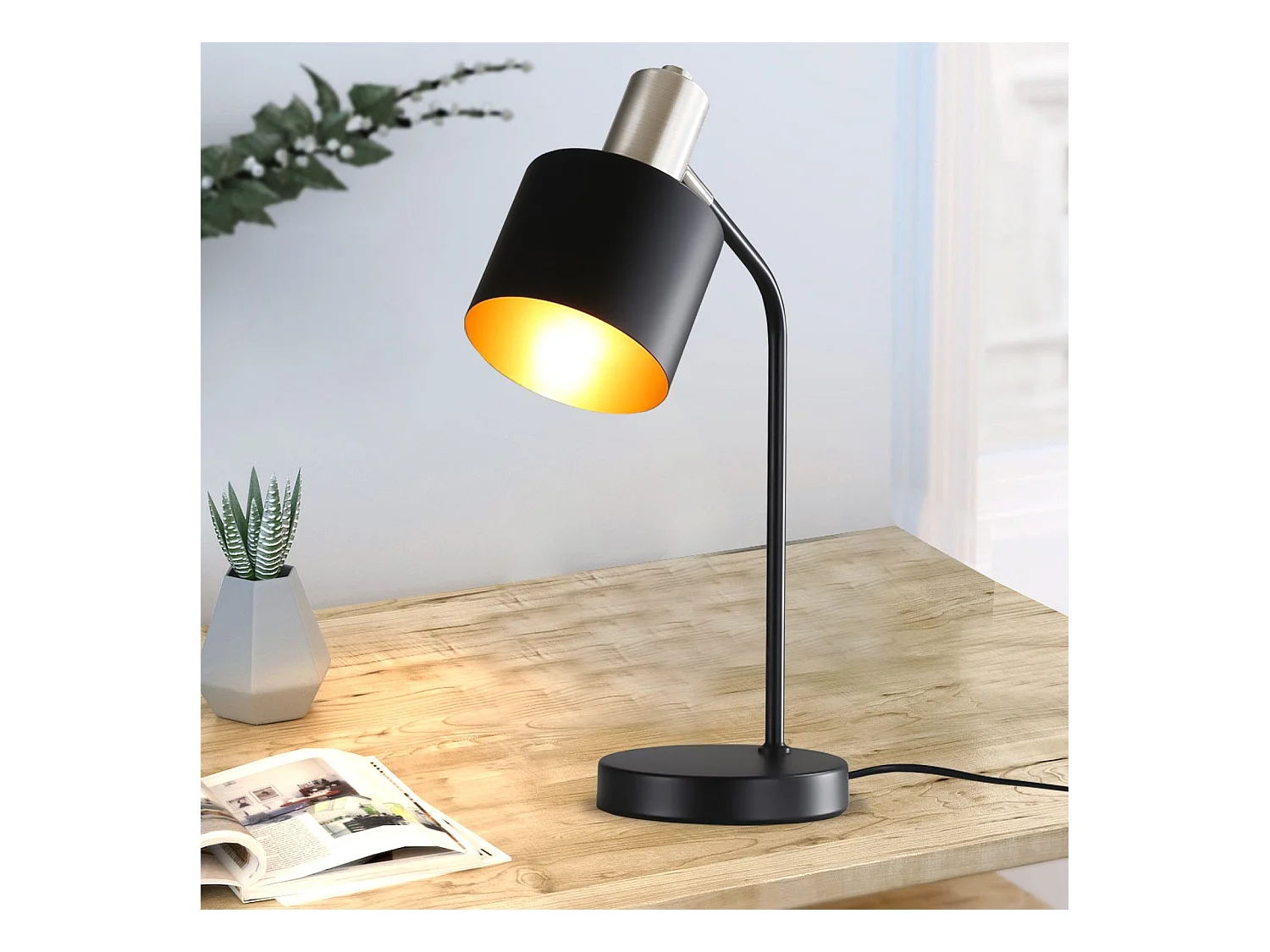 NETTLIFE Vintage Nachttischlampe E27 Kabel Schwarz Gold Schreibtischlampe Schwenkbar Leselampe