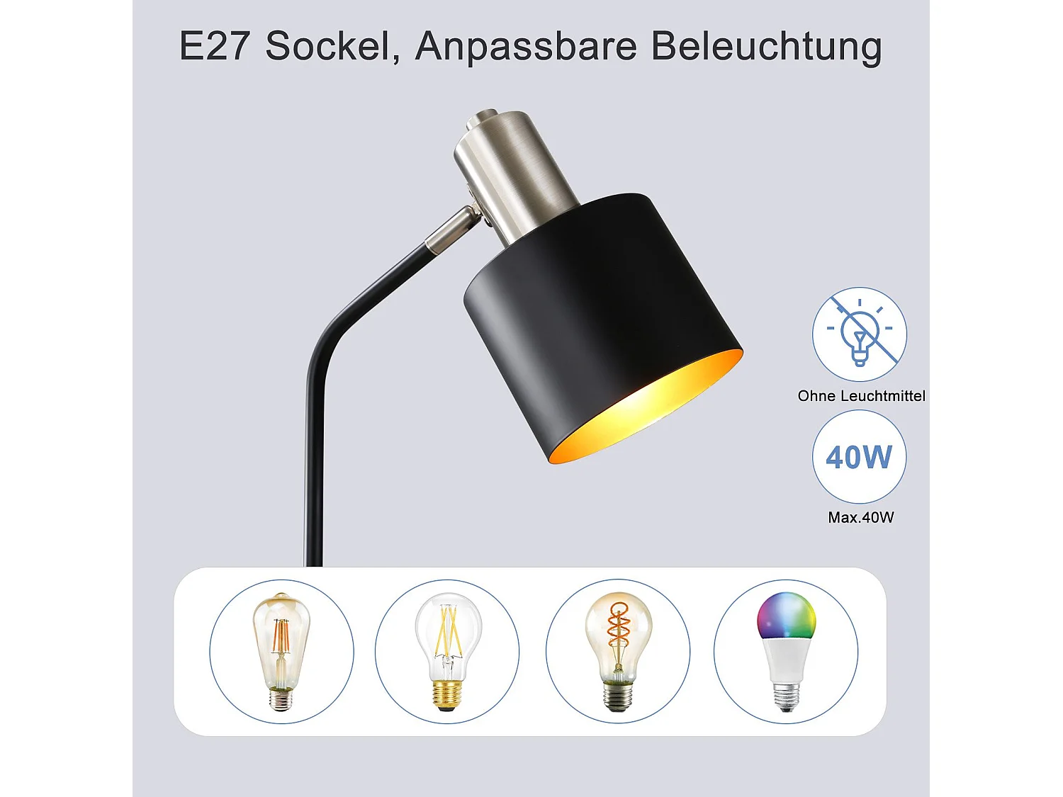 NETTLIFE Lampe de Chevet Vintage Câble E27 Noir Or Lampe de Bureau Lampe de Lecture Pivotante