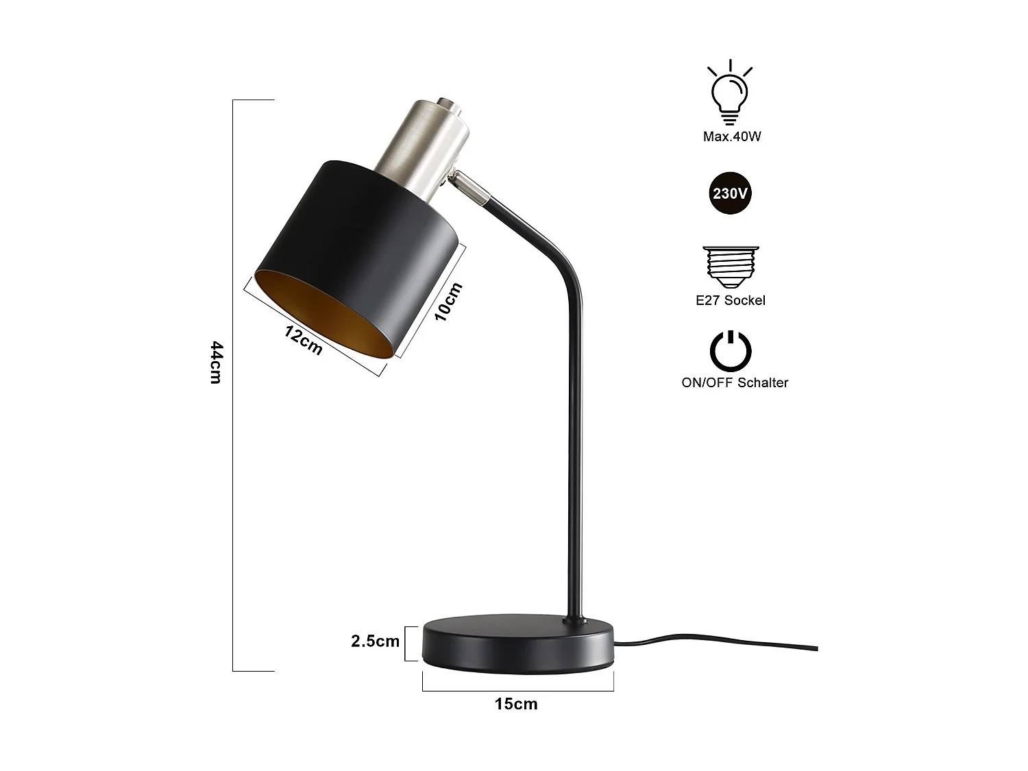 NETTLIFE Lampe de Chevet Vintage Câble E27 Noir Or Lampe de Bureau Lampe de Lecture Pivotante