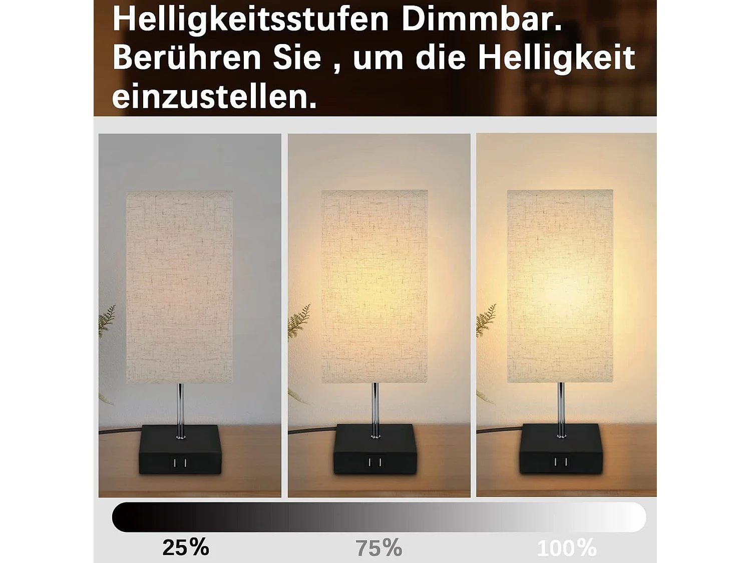 NETTLIFE Touch Bedside Lamp Dimbare Stoffen Kap Vintage Tafellamp E27 met USB Oplaadfunctie