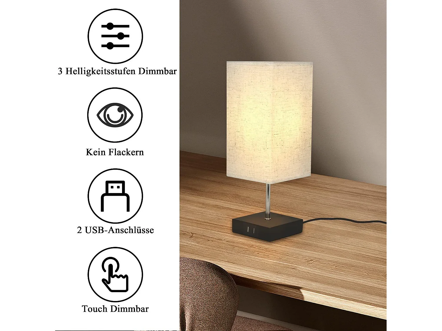 NETTLIFE Touch Bedside Lamp Dimbare Stoffen Kap Vintage Tafellamp E27 met USB Oplaadfunctie