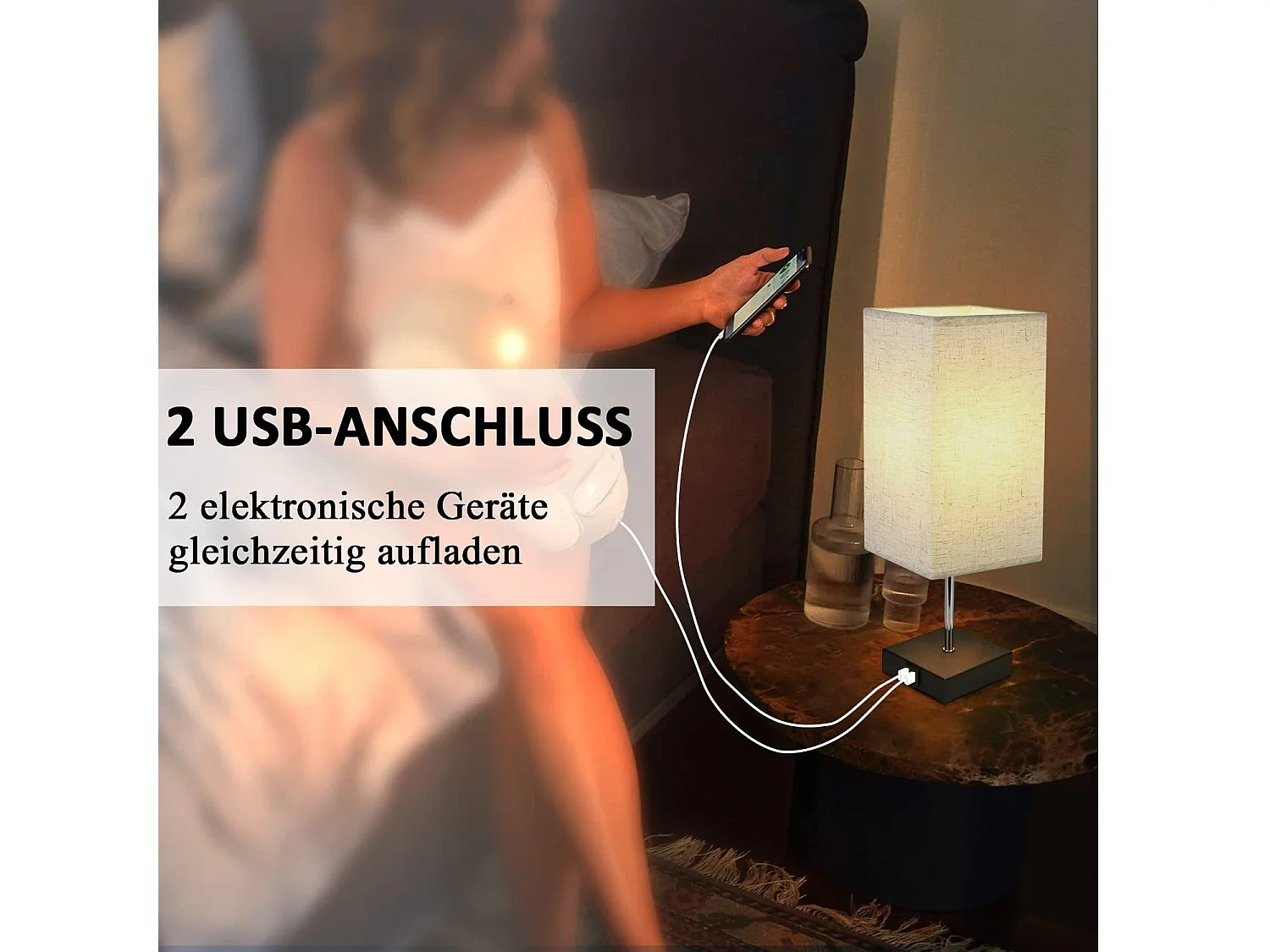 NETTLIFE Touch Bedside Lamp Dimbare Stoffen Kap Vintage Tafellamp E27 met USB Oplaadfunctie